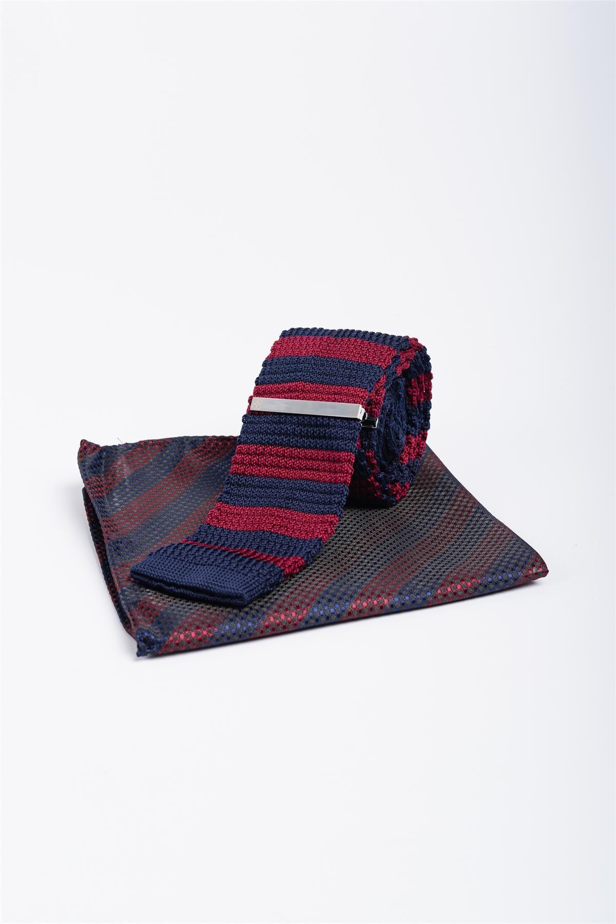 Knitted wine/navy tie set