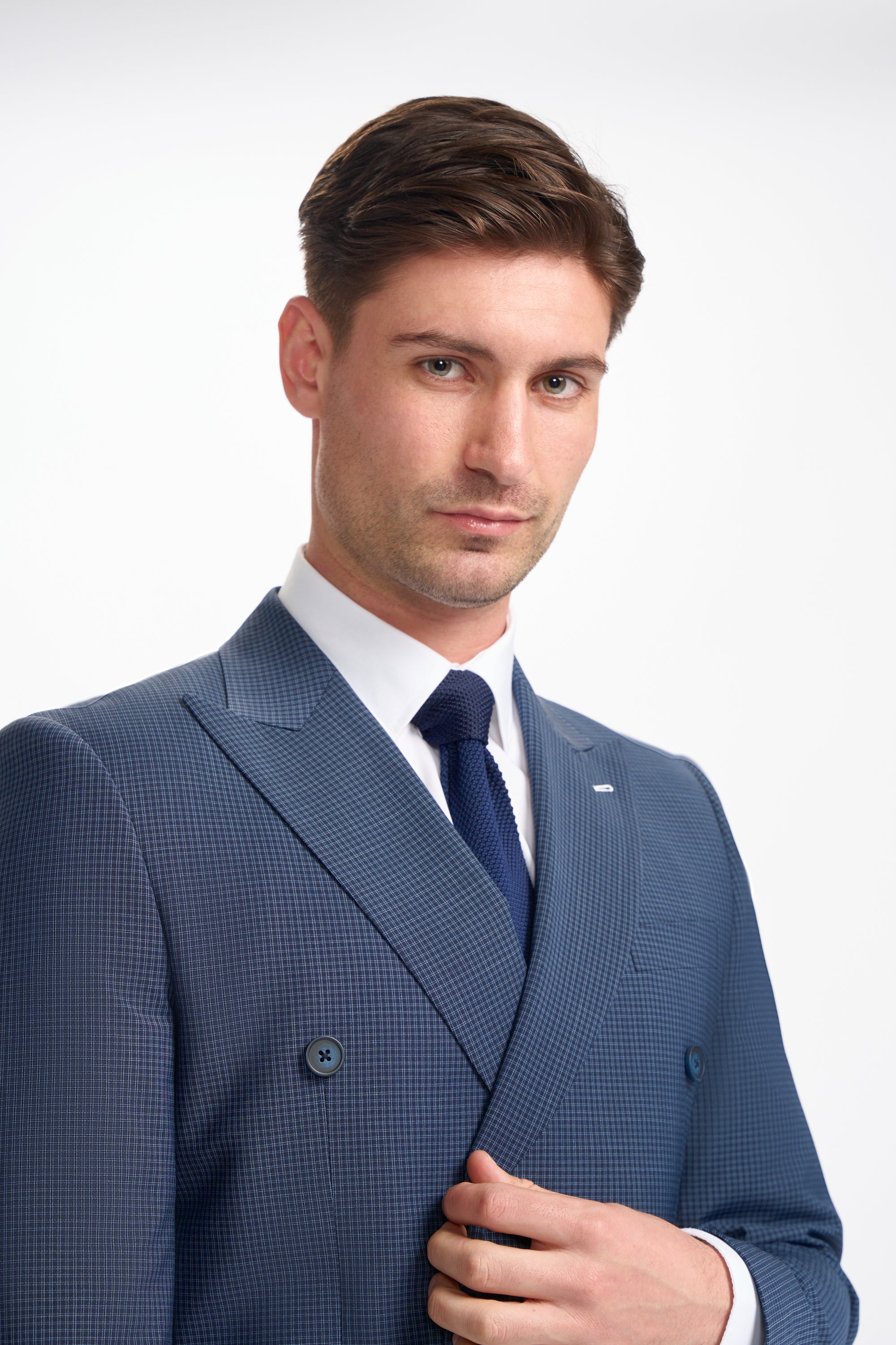 Bond Wool Rich Navy Check Double Breasted Two Piece Suit - House of Cavani
