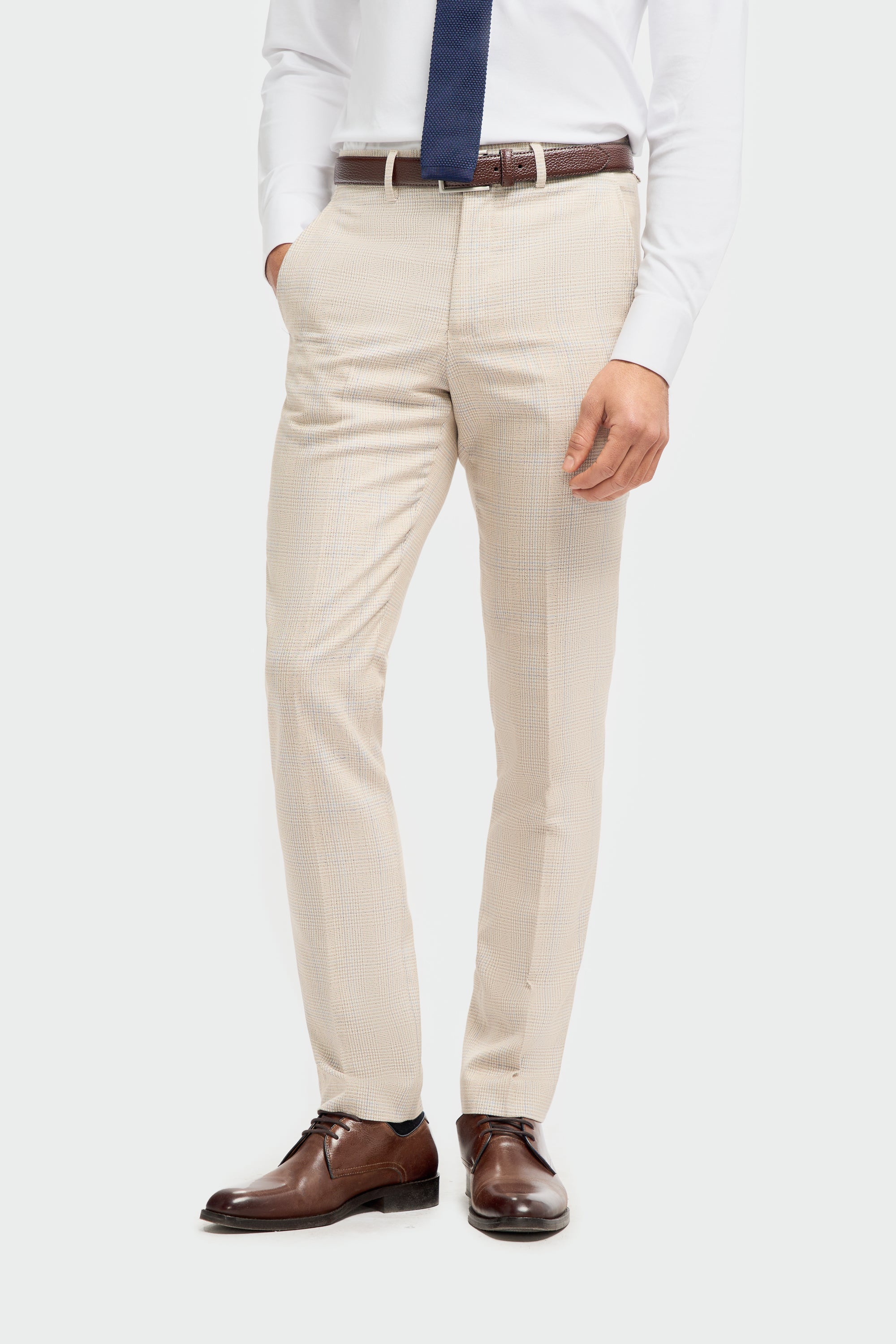 Caridi Beige Check Double Breasted Two Piece Suit - House of Cavani