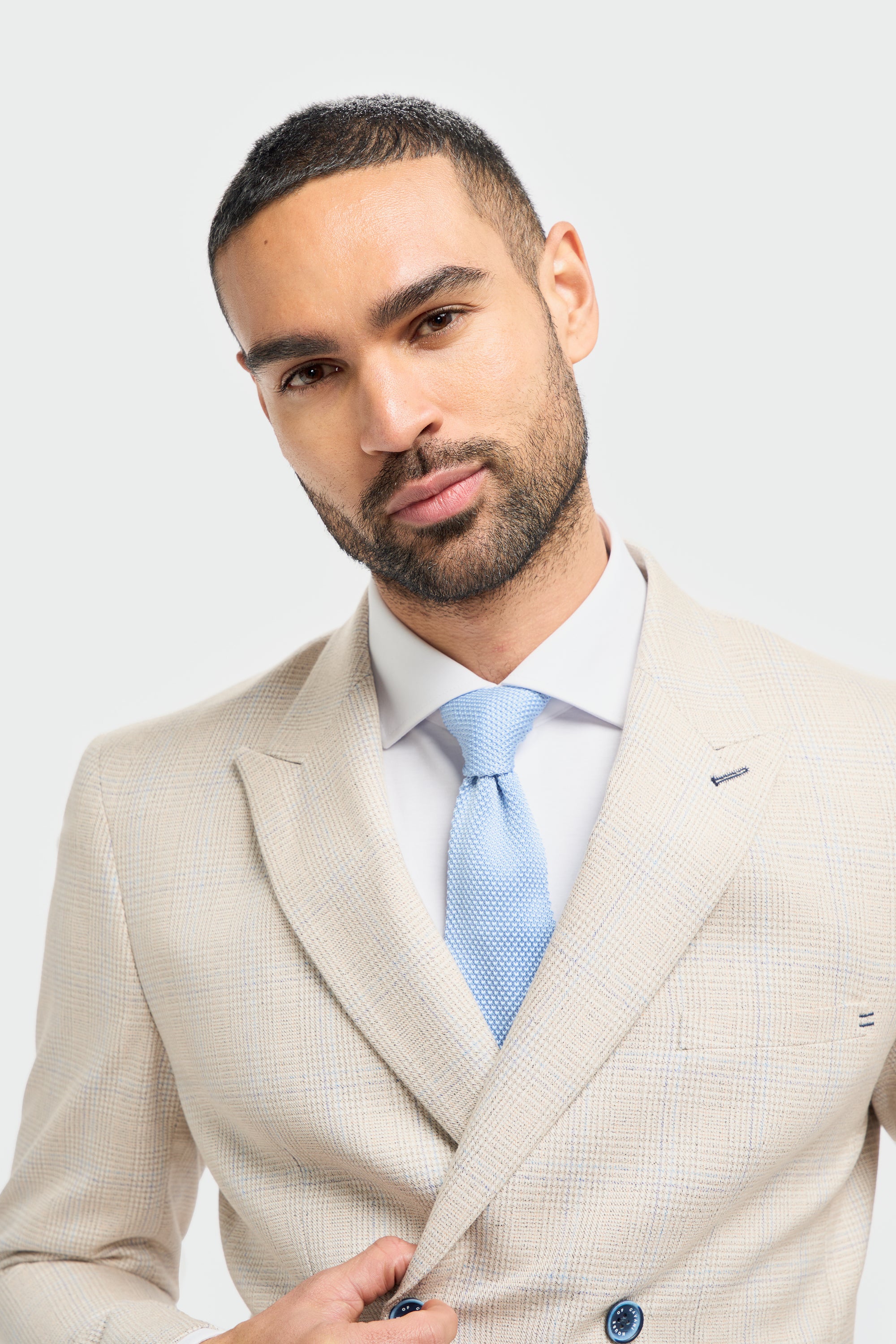 Caridi Beige Check Double Breasted Two Piece Suit - House of Cavani