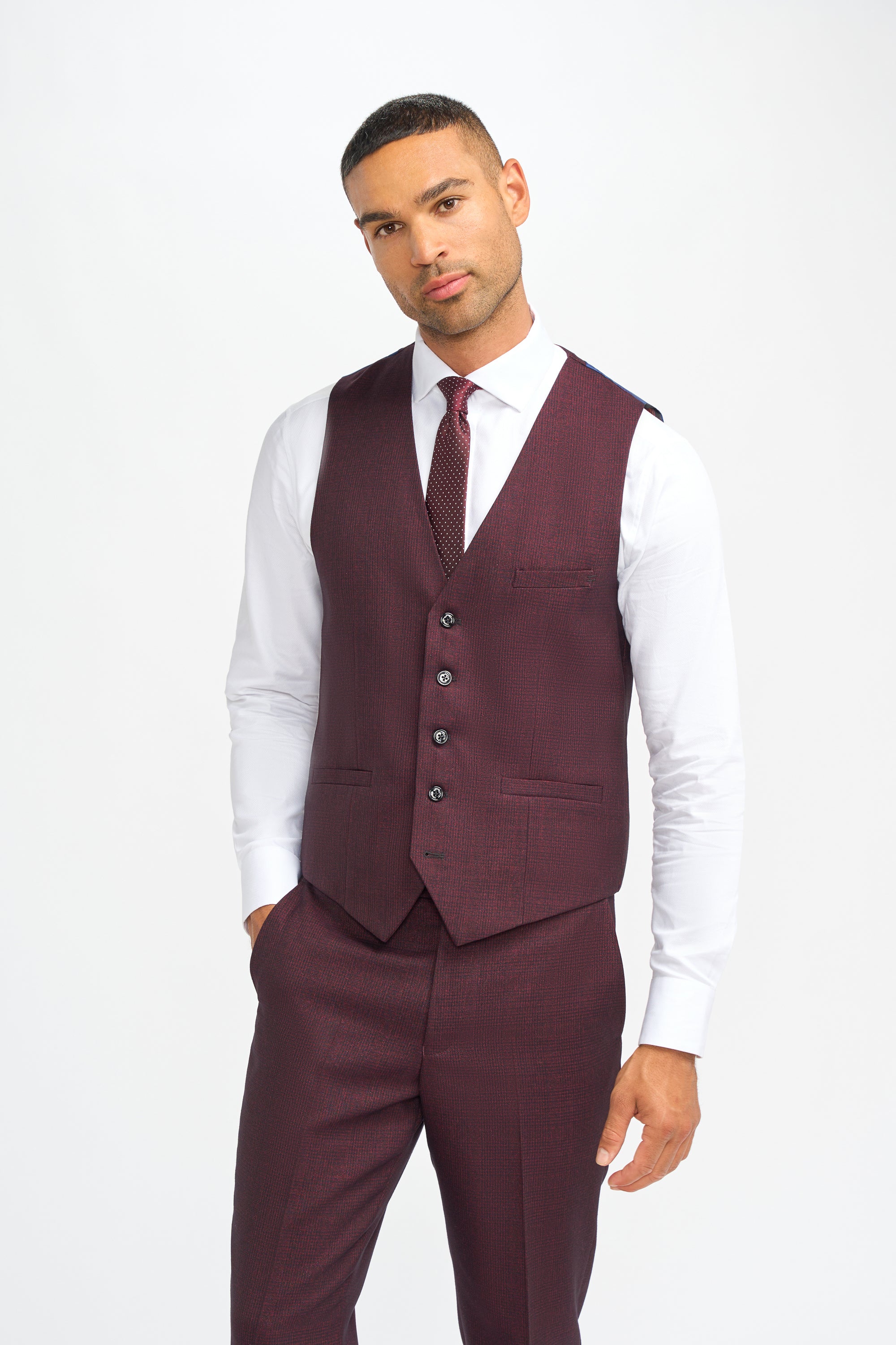 Caridi Wine Regular Check Three Piece Suit - House of Cavani
