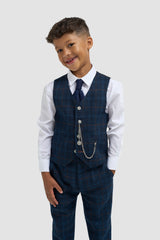 Boys Navy Blue Check Three Piece Suit - House of Cavani