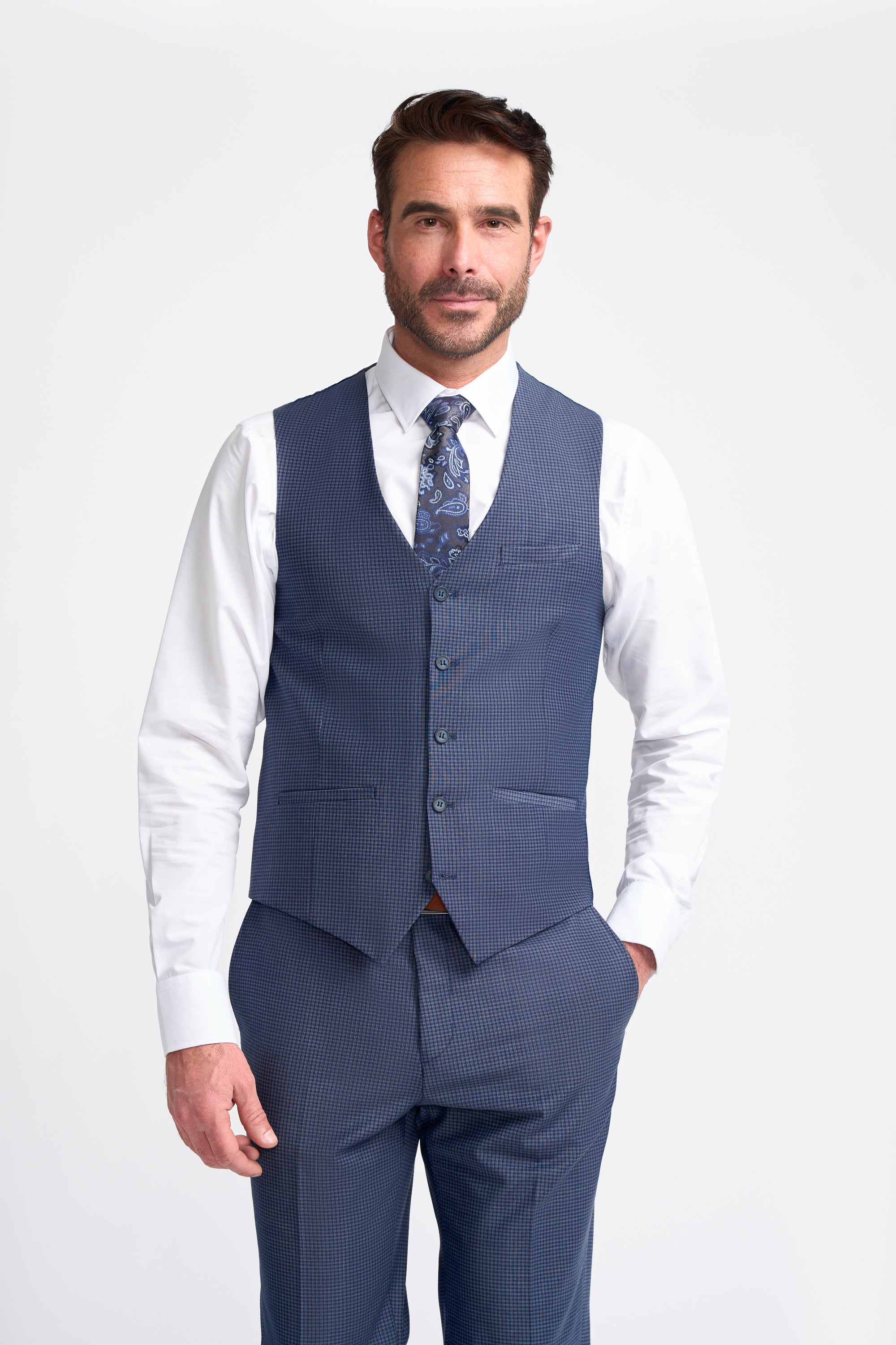 Bond Navy Check Waistcoat Front