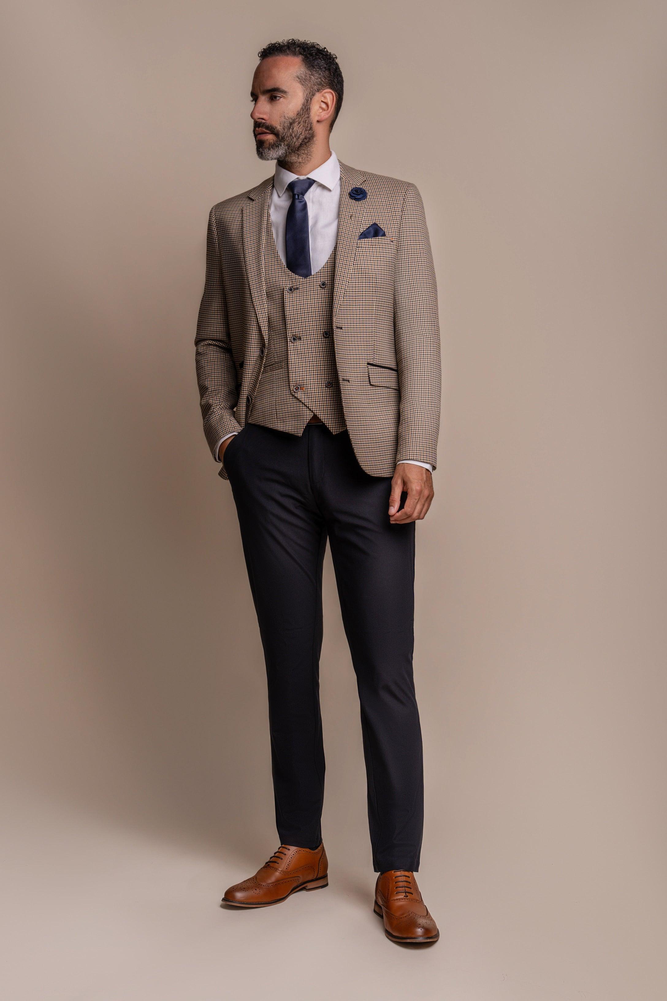 Reed navy trouser with Elwood check three piece suit front