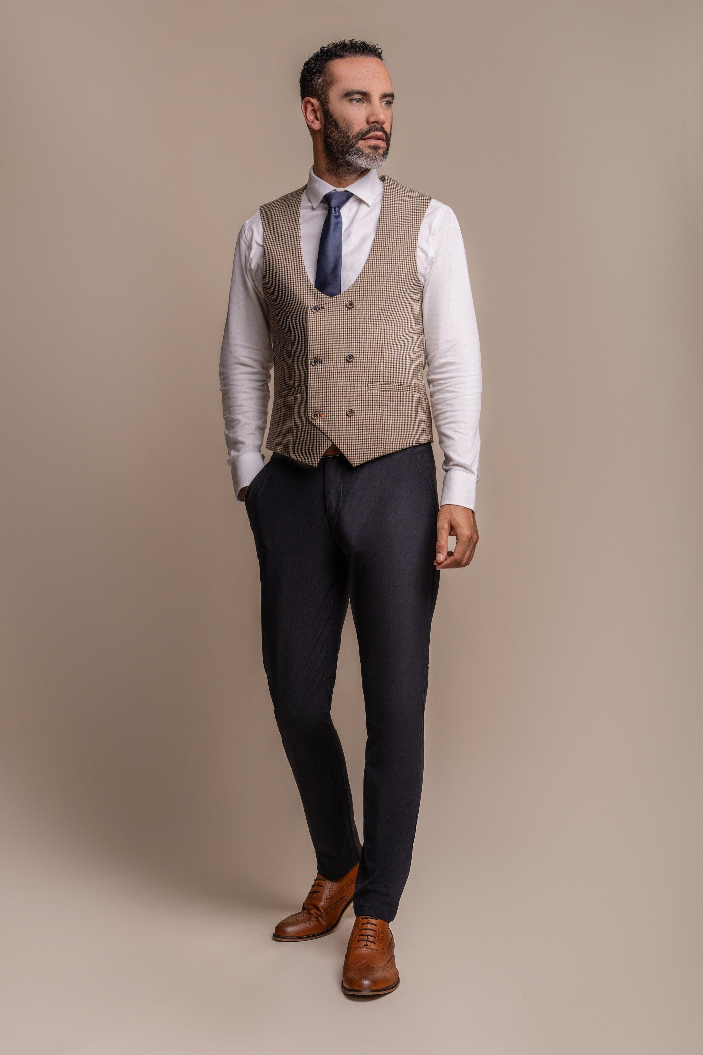Elwood check waistcoat with Reed navy trouser front
