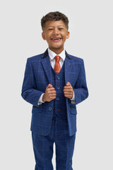 Boys Blue Check Three Piece Suit - House of Cavani