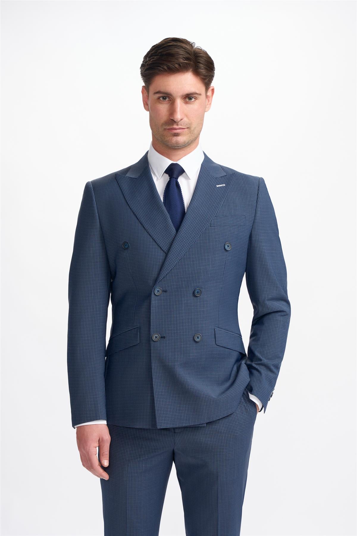 Bond Wool Rich Navy Check Double Breasted Two Piece Suit - House of Cavani