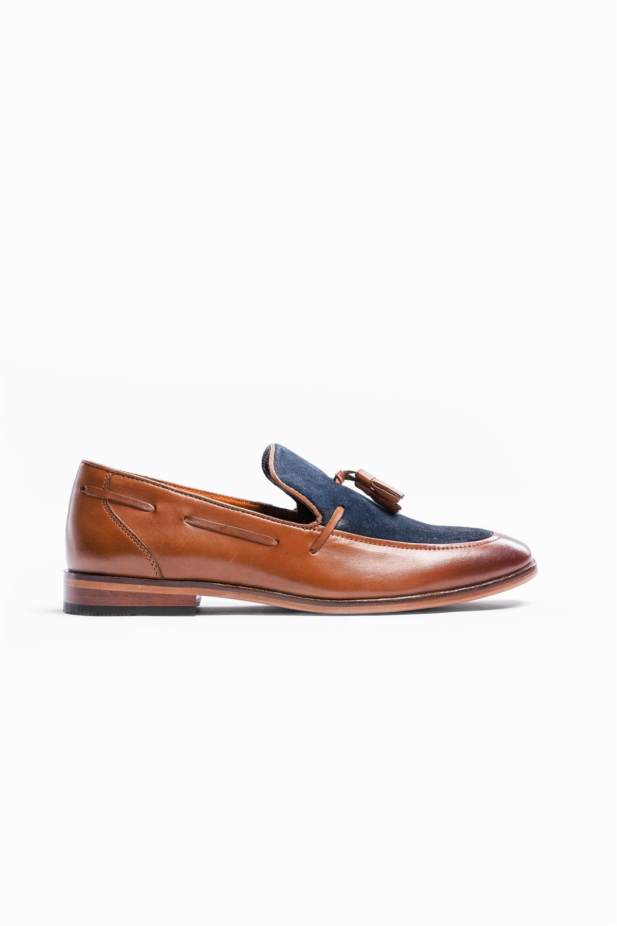 Freemont tan/navy loafers side