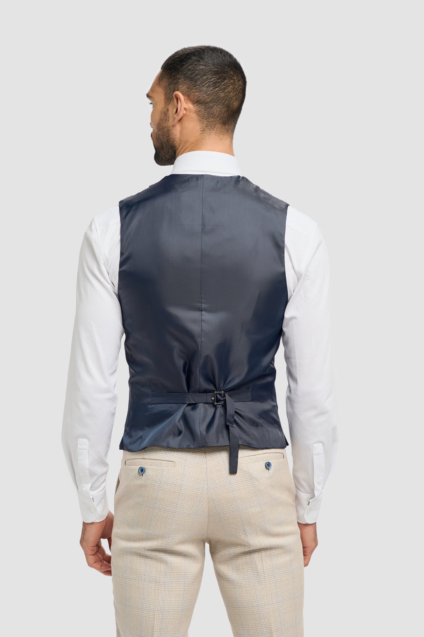 Caridi Beige With Lennox Navy Double Breasted Waistcoat - House of Cavani