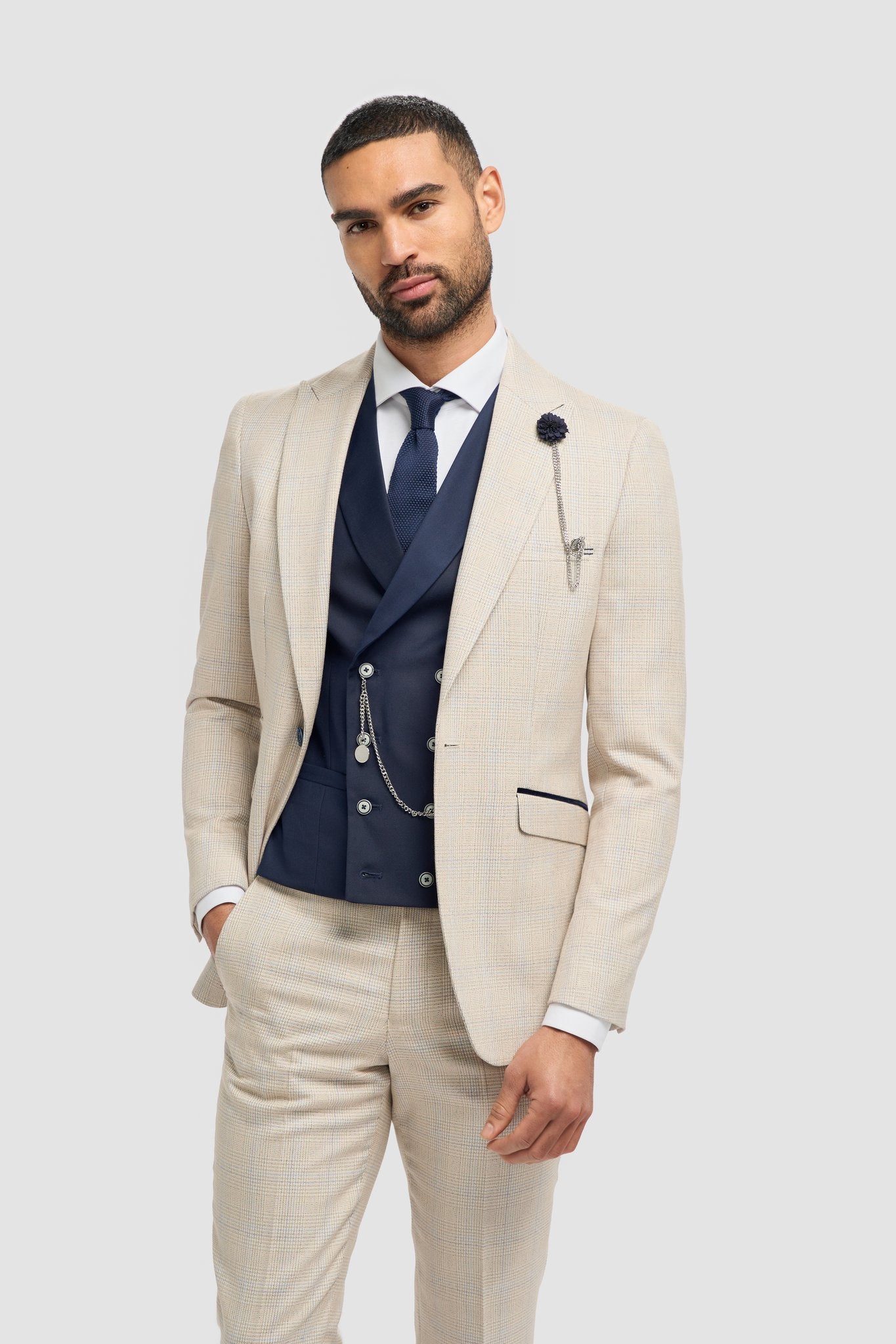 Caridi Beige With Lennox Navy Double Breasted Waistcoat - House of Cavani