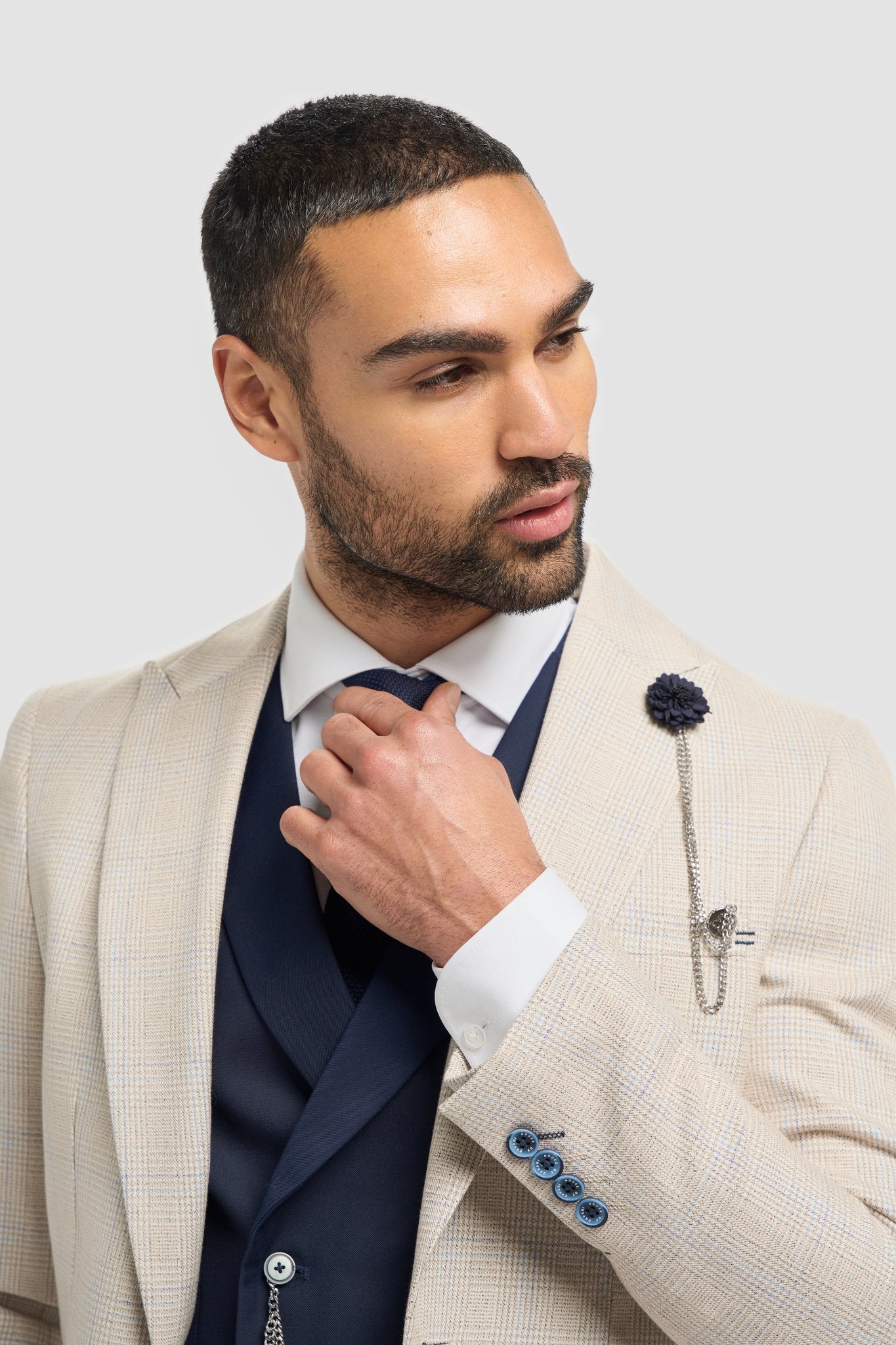 Caridi Beige With Lennox Navy Double Breasted Waistcoat - House of Cavani