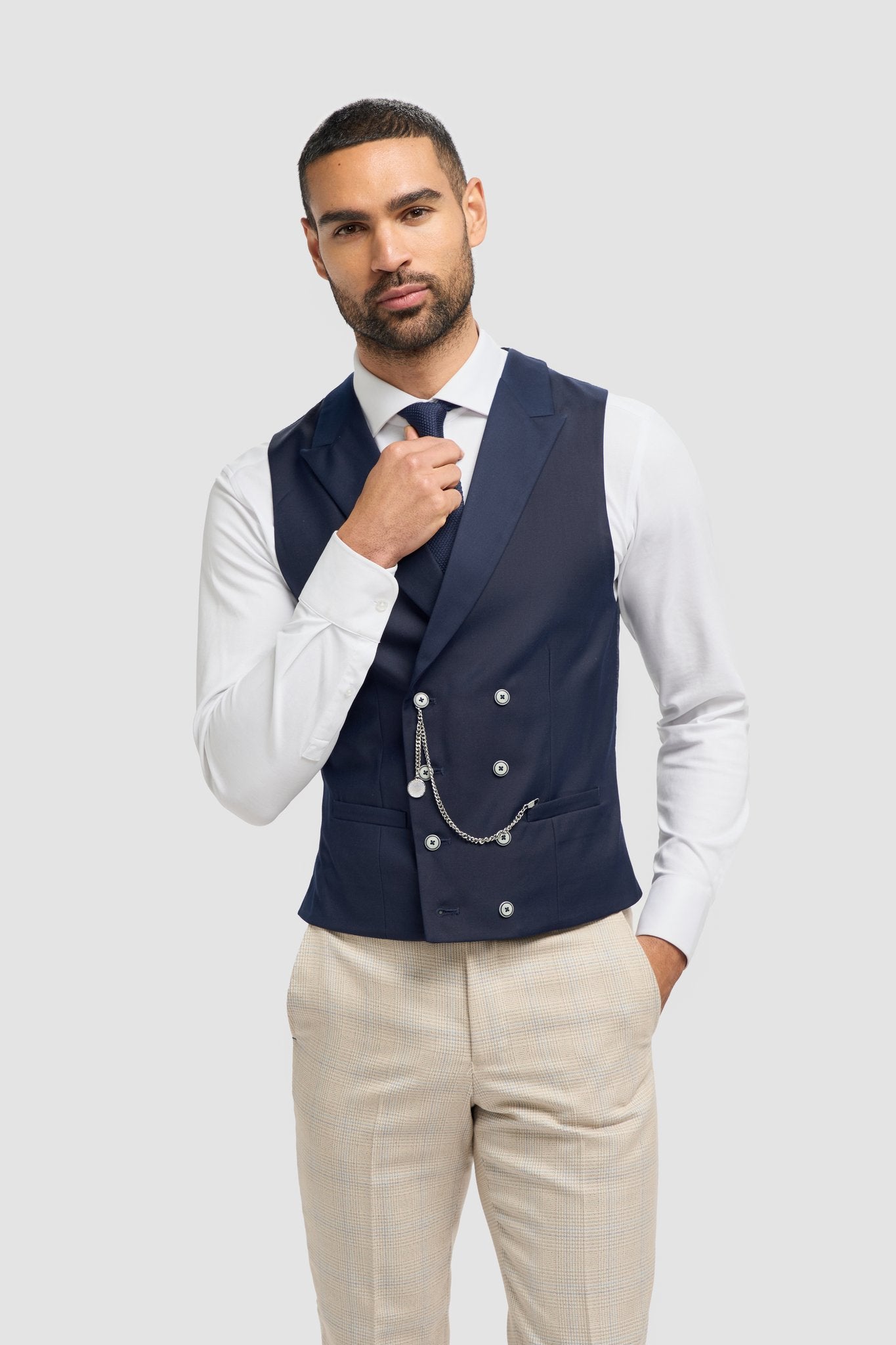 Caridi Beige With Lennox Navy Double Breasted Waistcoat - House of Cavani