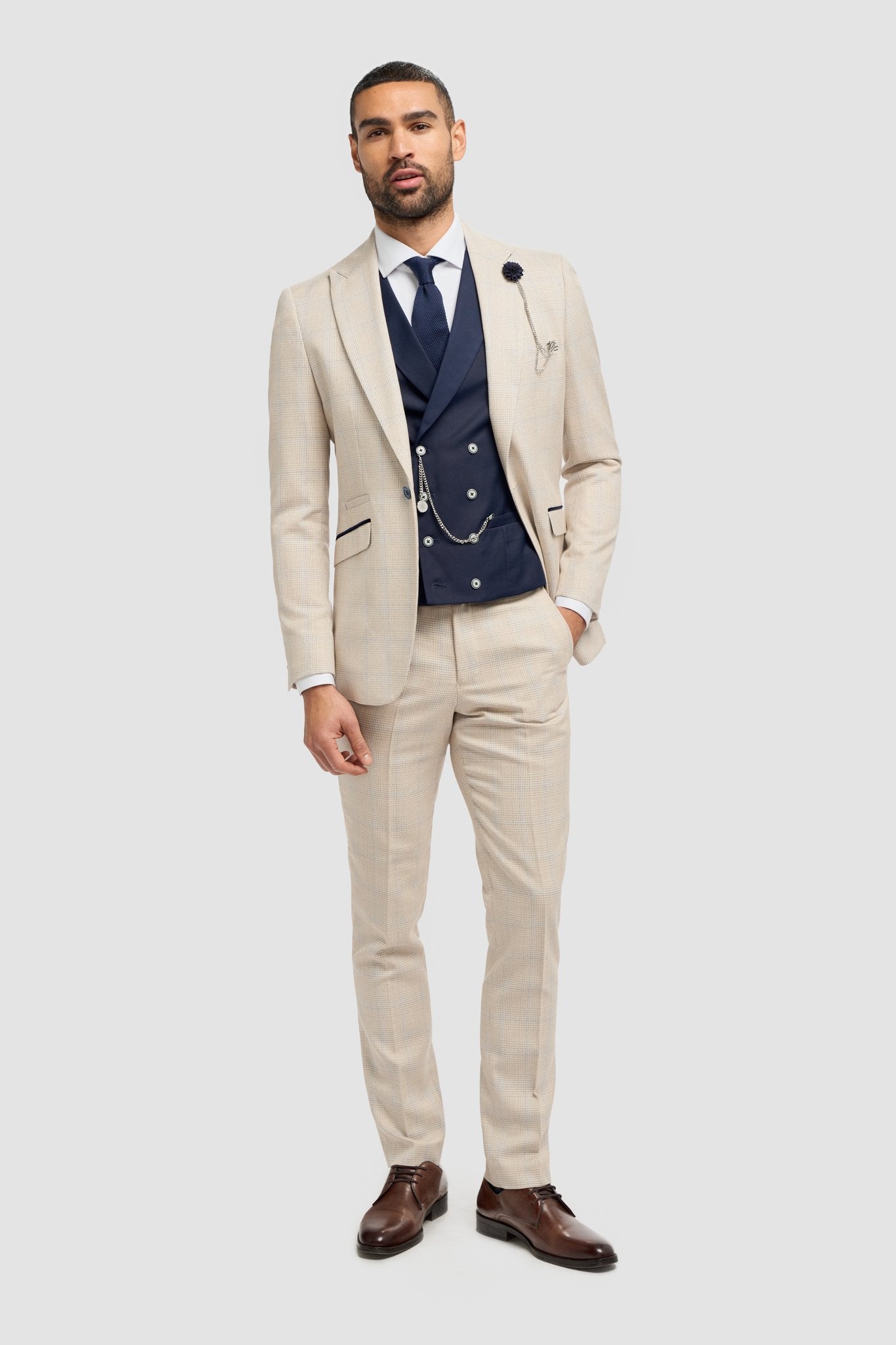Caridi Beige With Lennox Navy Double Breasted Waistcoat - House of Cavani