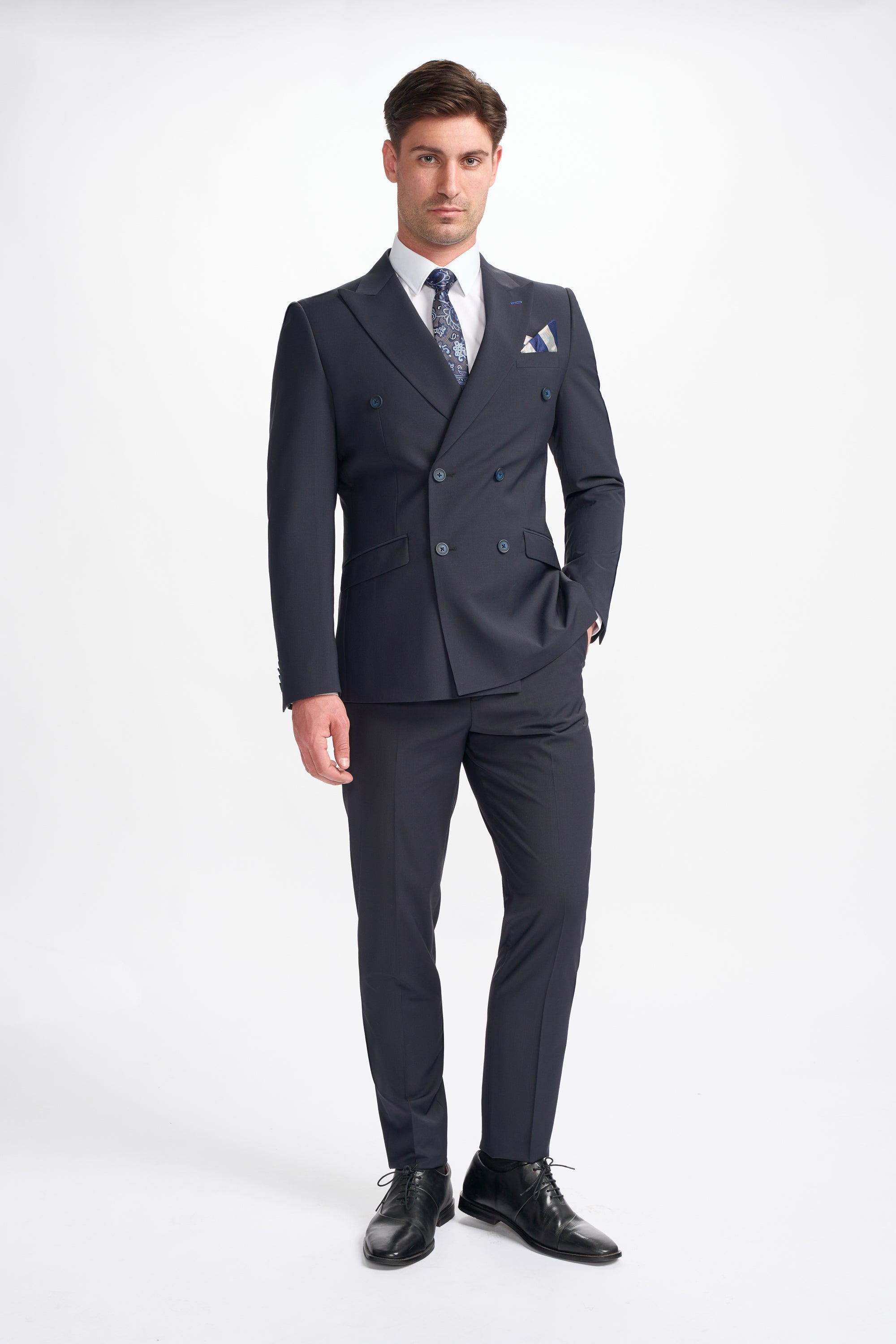 Bond Wool Rich Midnight Navy Double Breasted Two Piece Suit - House of Cavani