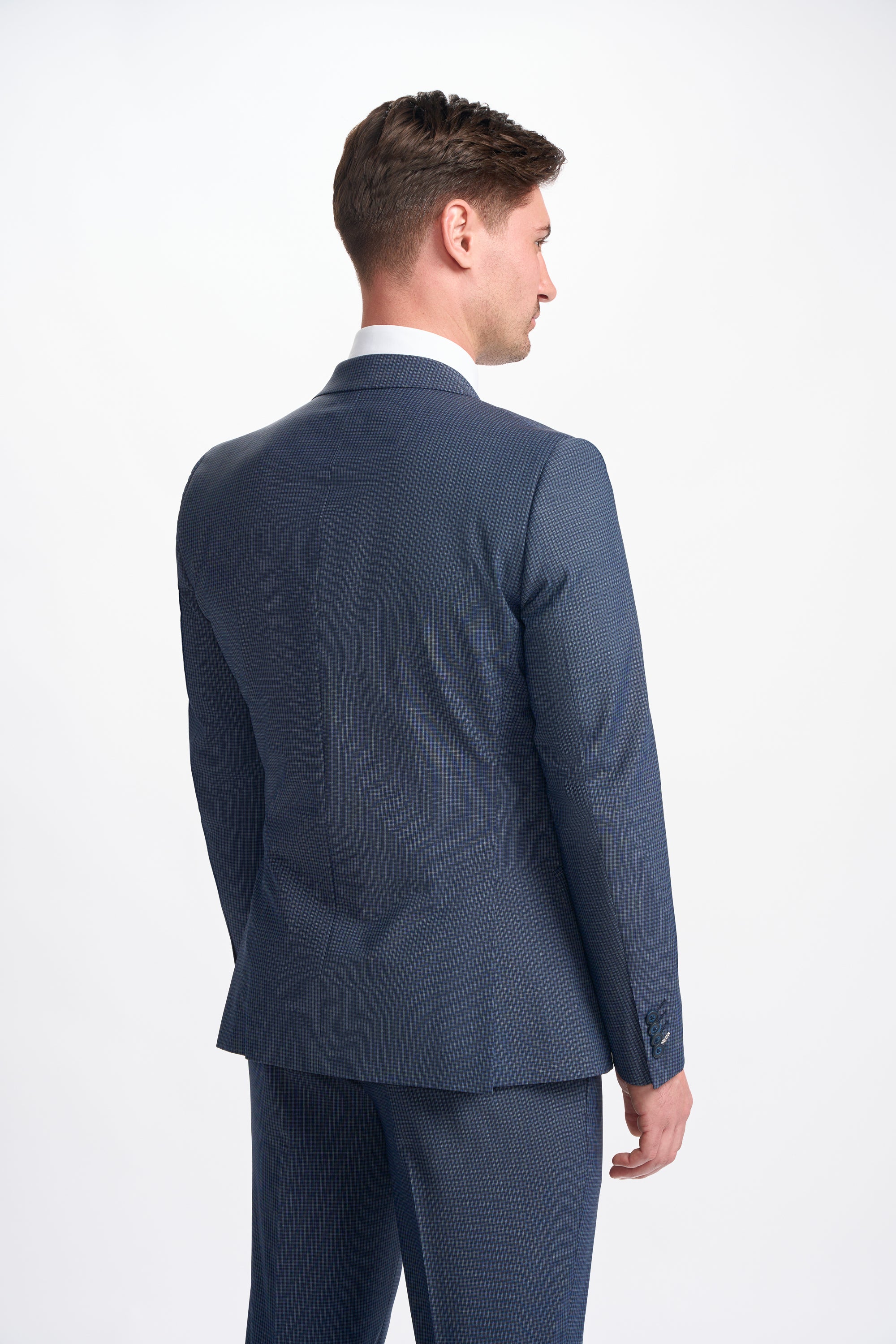 Bond Wool Rich Navy Check Double Breasted Two Piece Suit - House of Cavani
