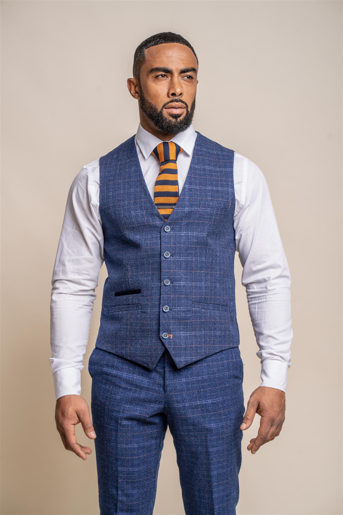 Kaiser blue check waistcoat front