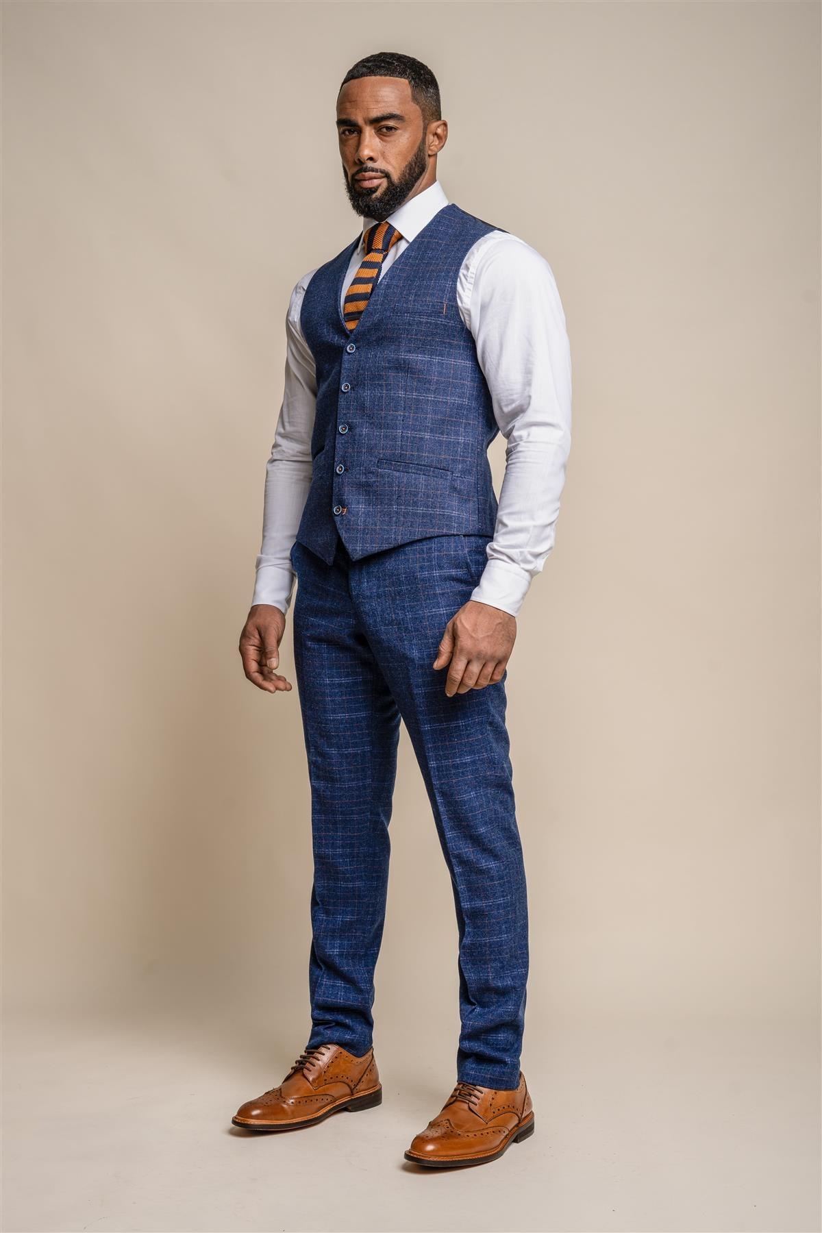 Kaiser blue check waistcoat front