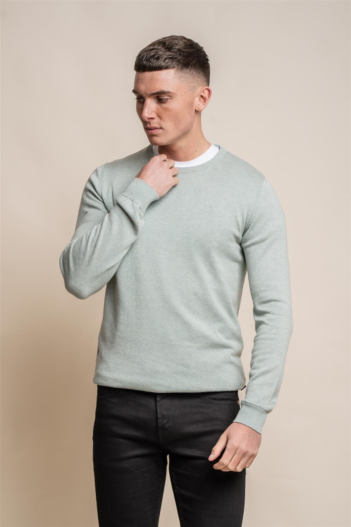 KN101 almond green crewneck knitwear front