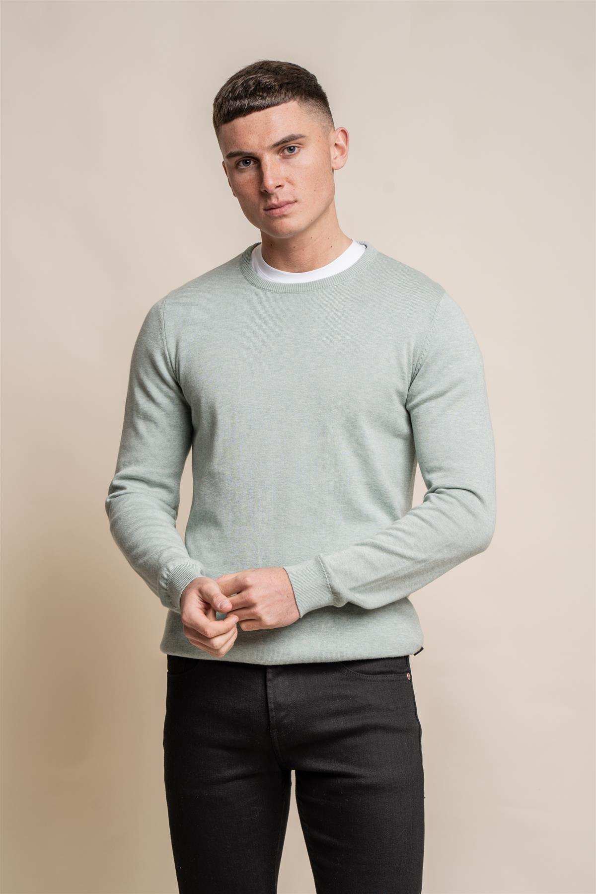 KN101 almond green crewneck knitwear front