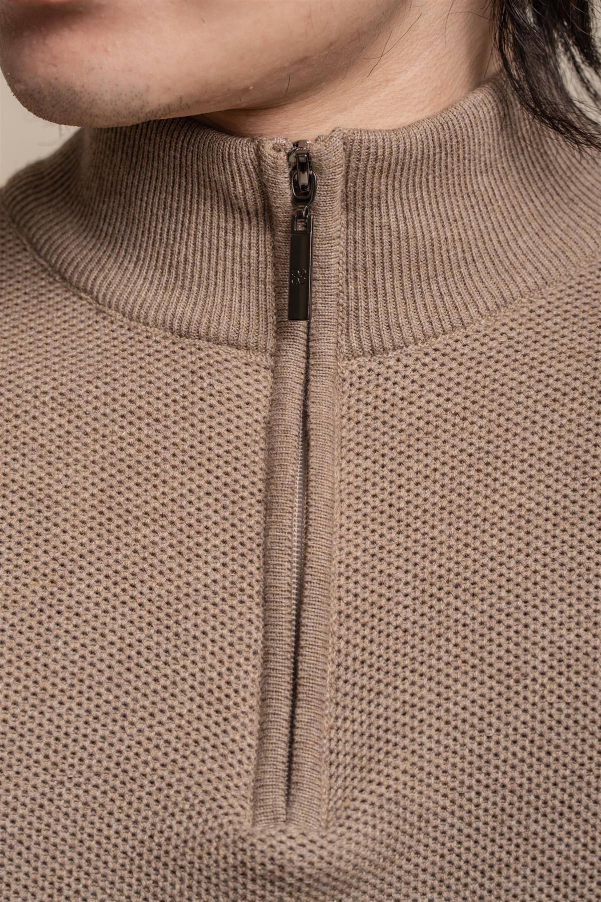 Kyle fawn half zip knitwear front detail
