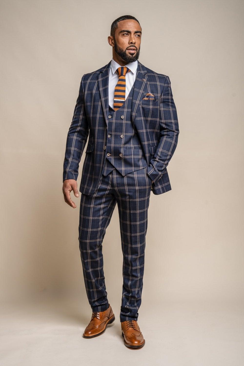 House of Cavani Hardy Navy Checked Three Piece Suit - Clothing