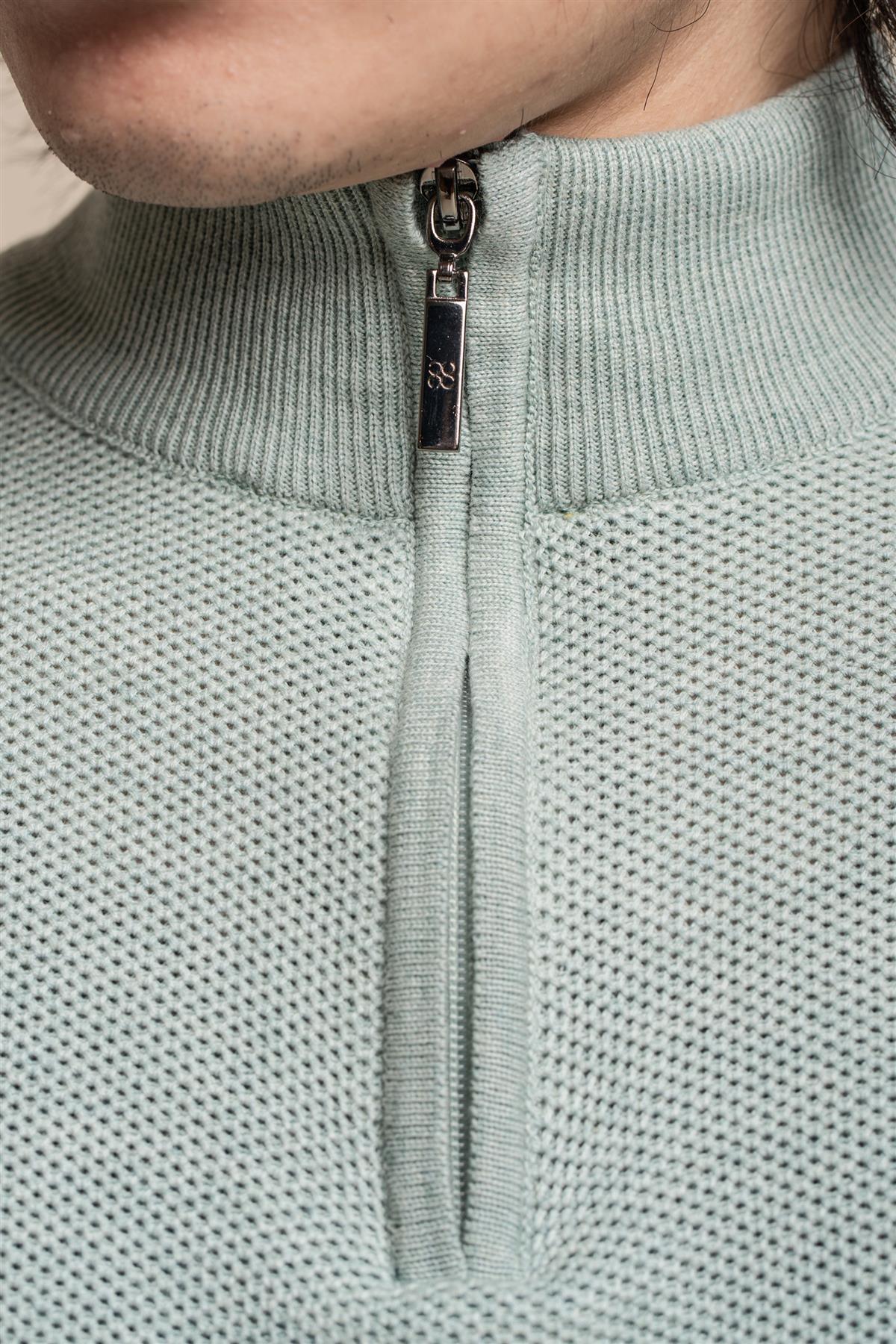 Kyle almond green half zip knitwear front detail
