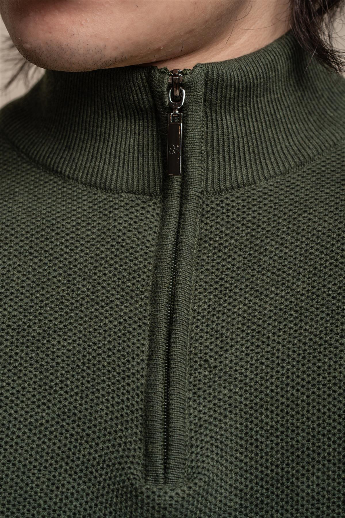Kyle olive half zip knitwear front detail