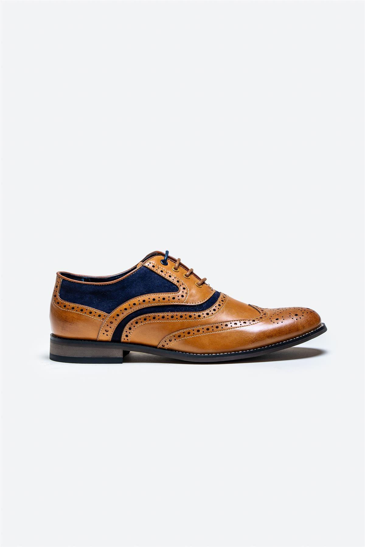 Russel tan/navy shoe side