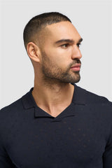 Alfan Navy Cuban Collar Knitted Polo Shirt