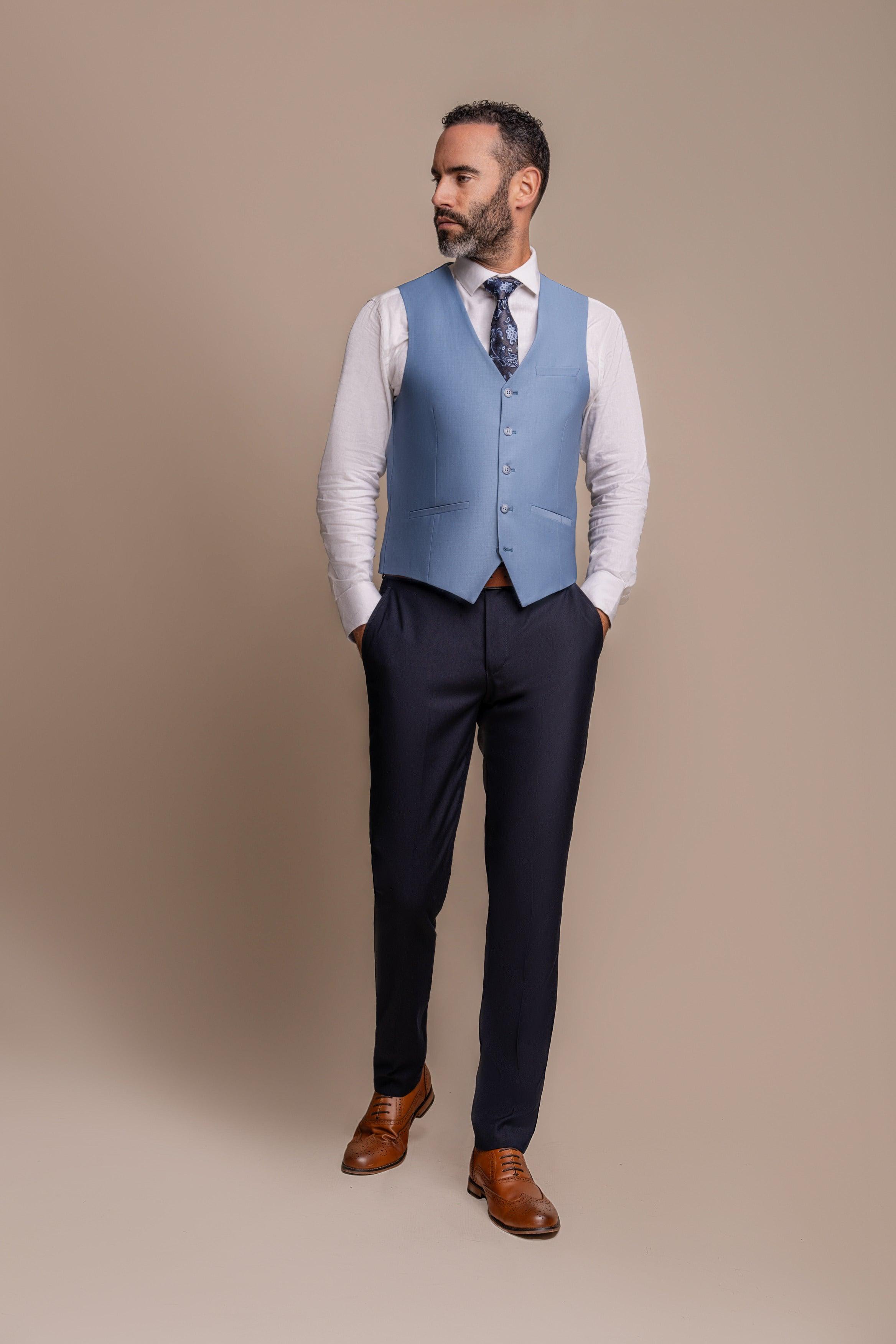 Bond ocean blue waistcoat with Baresi trouser front