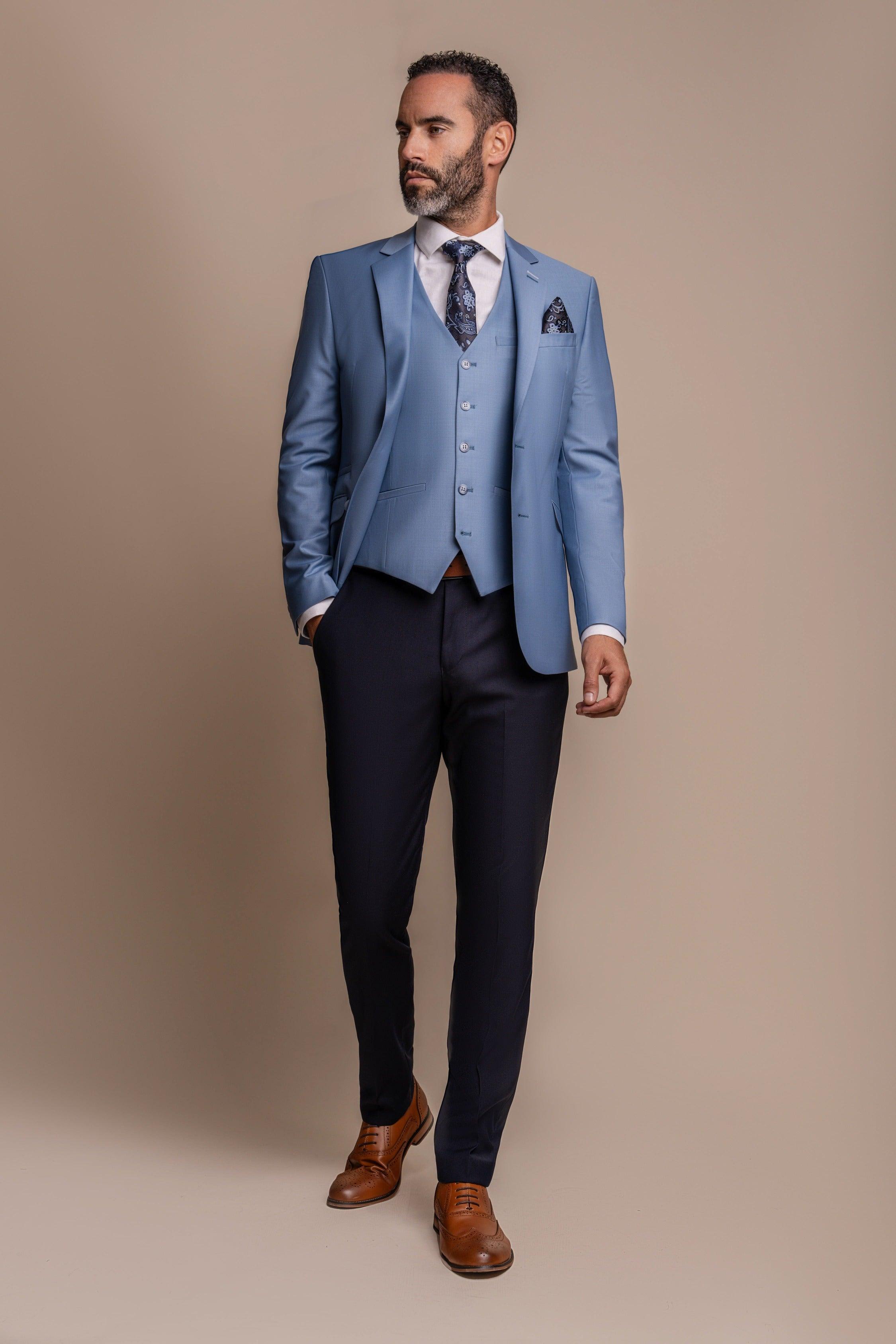 Bond ocean blue with Baresi trouser three piece suit front