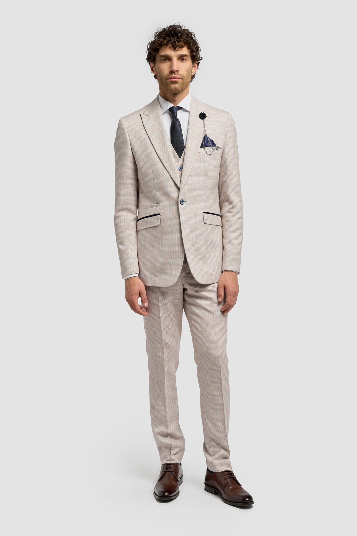 Caridi Beige Regular Check Three Piece Suit