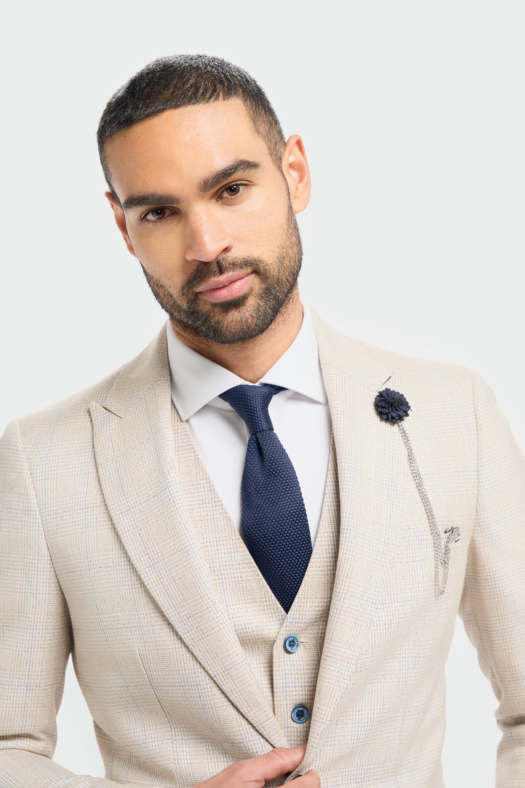 Caridi Beige Check Slim Fit Blazer