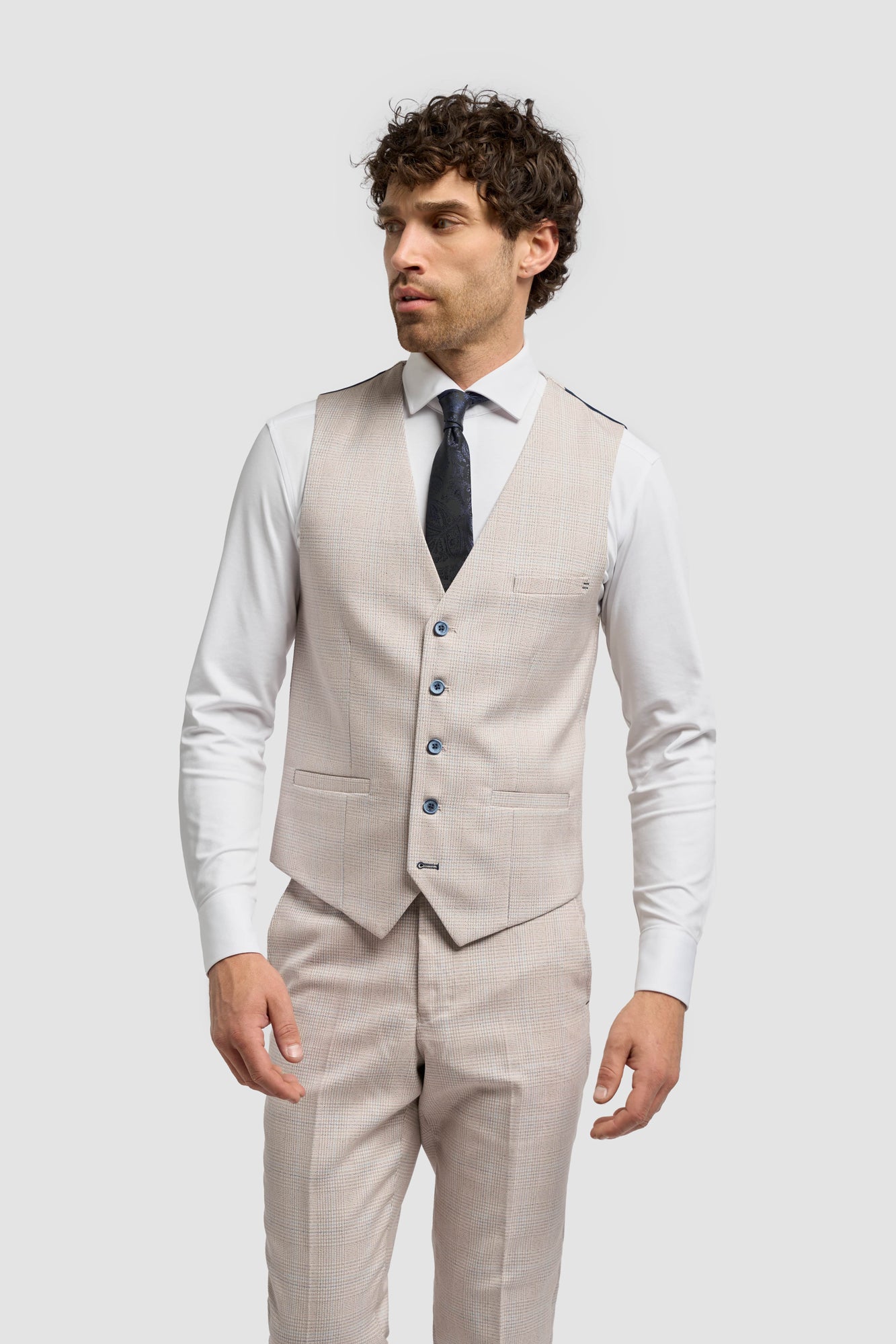 Caridi Beige Regular Check Three Piece Suit