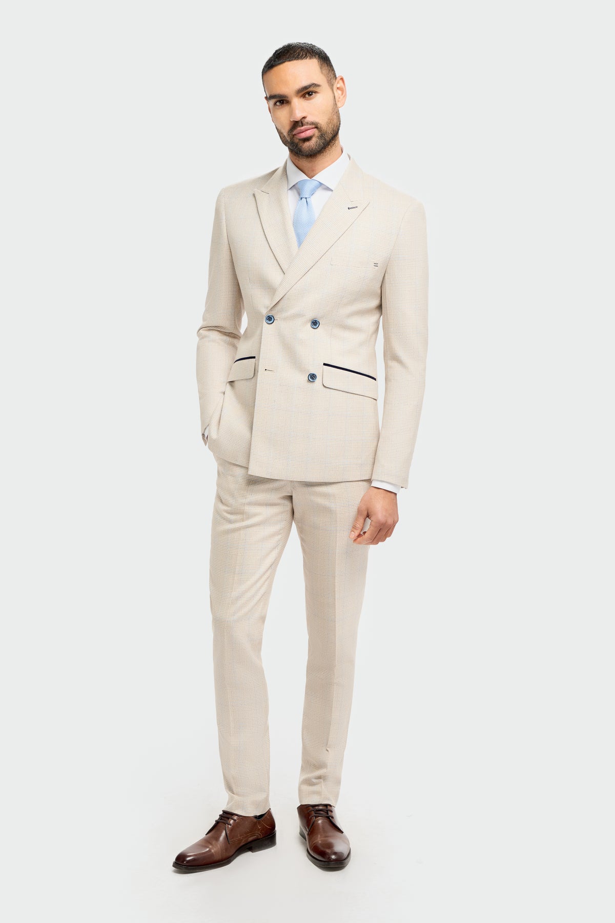 Caridi Beige Check Double Breasted Two Piece Suit