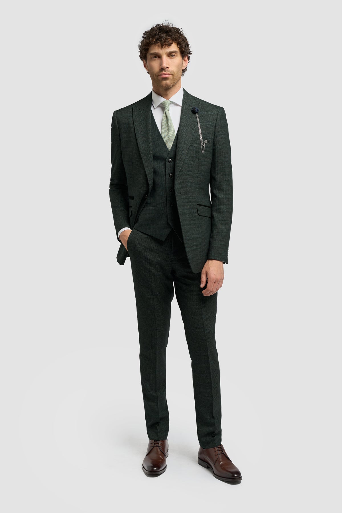 Caridi Olive Check Three Piece Suit