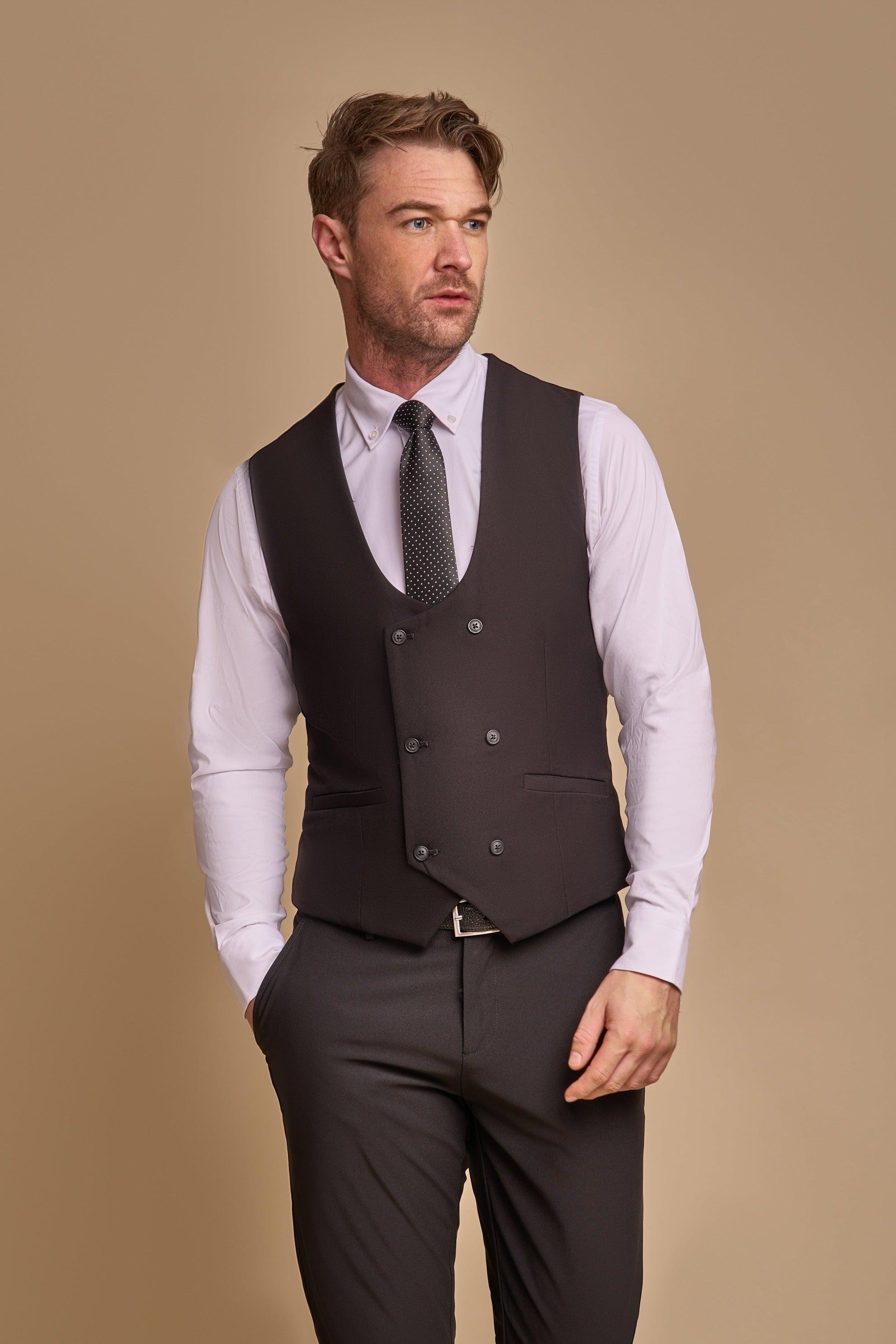 Marco Black Double Breasted Waistcoat Front