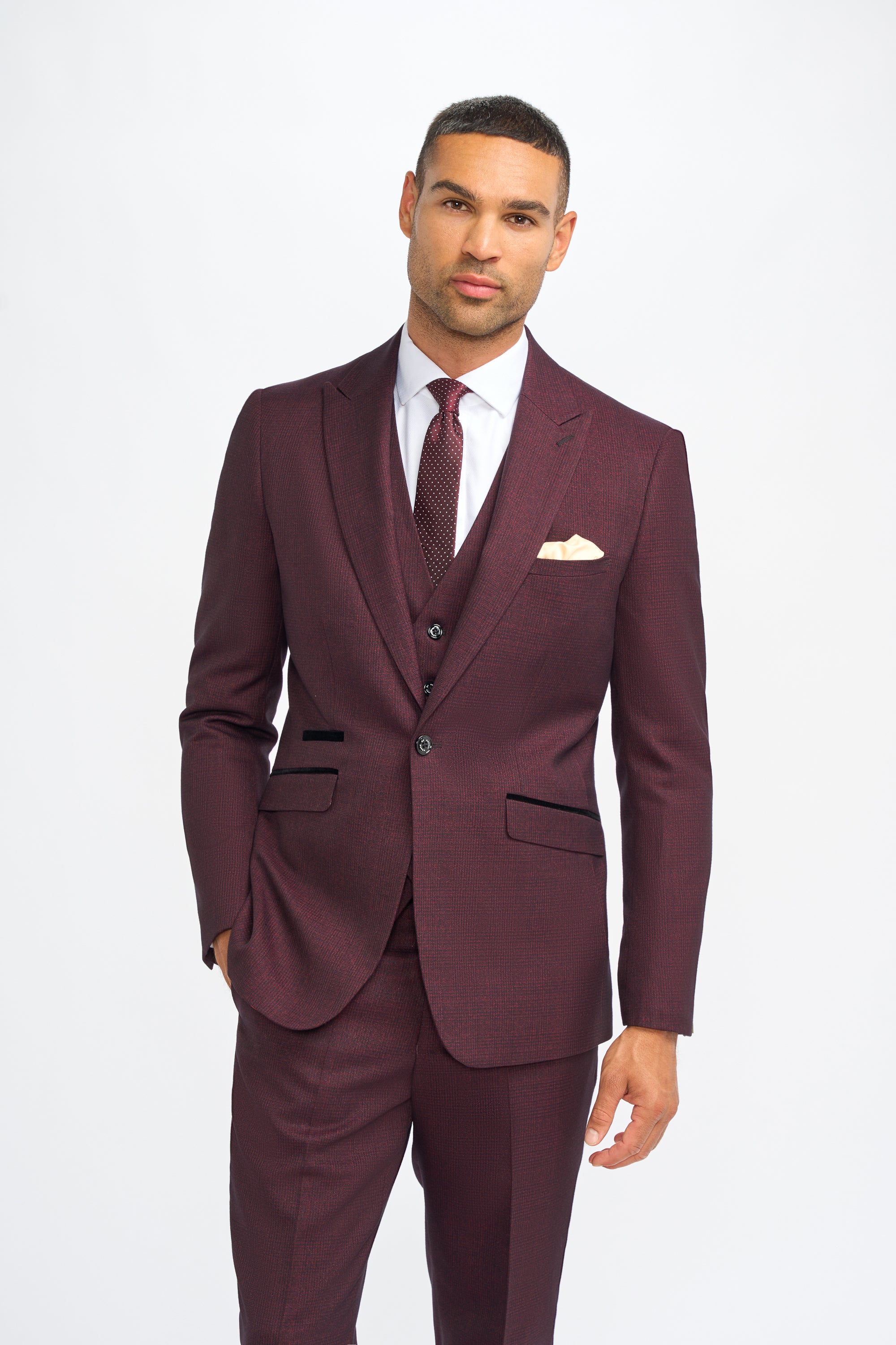 Caridi Wine Regular Check Three Piece Suit - House of Cavani
