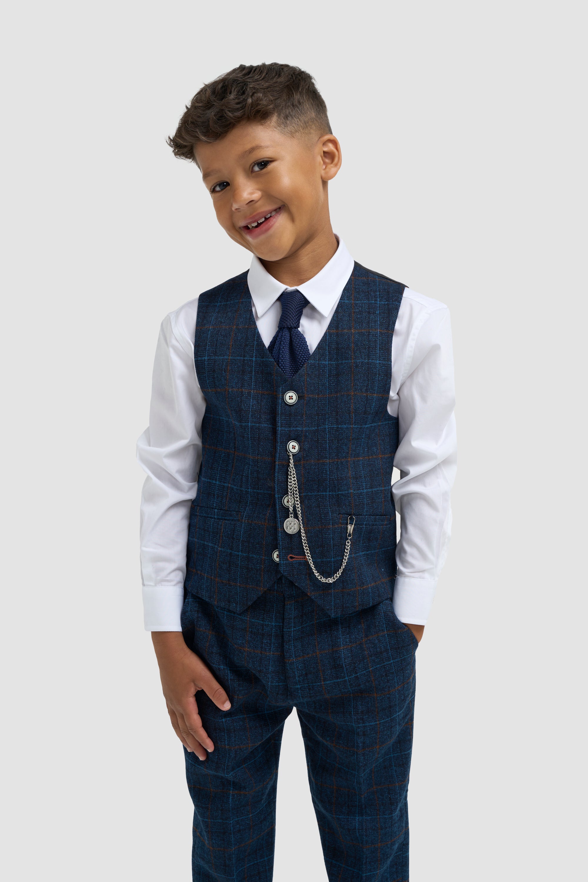 Boys Navy Blue Check Three Piece Suit - House of Cavani