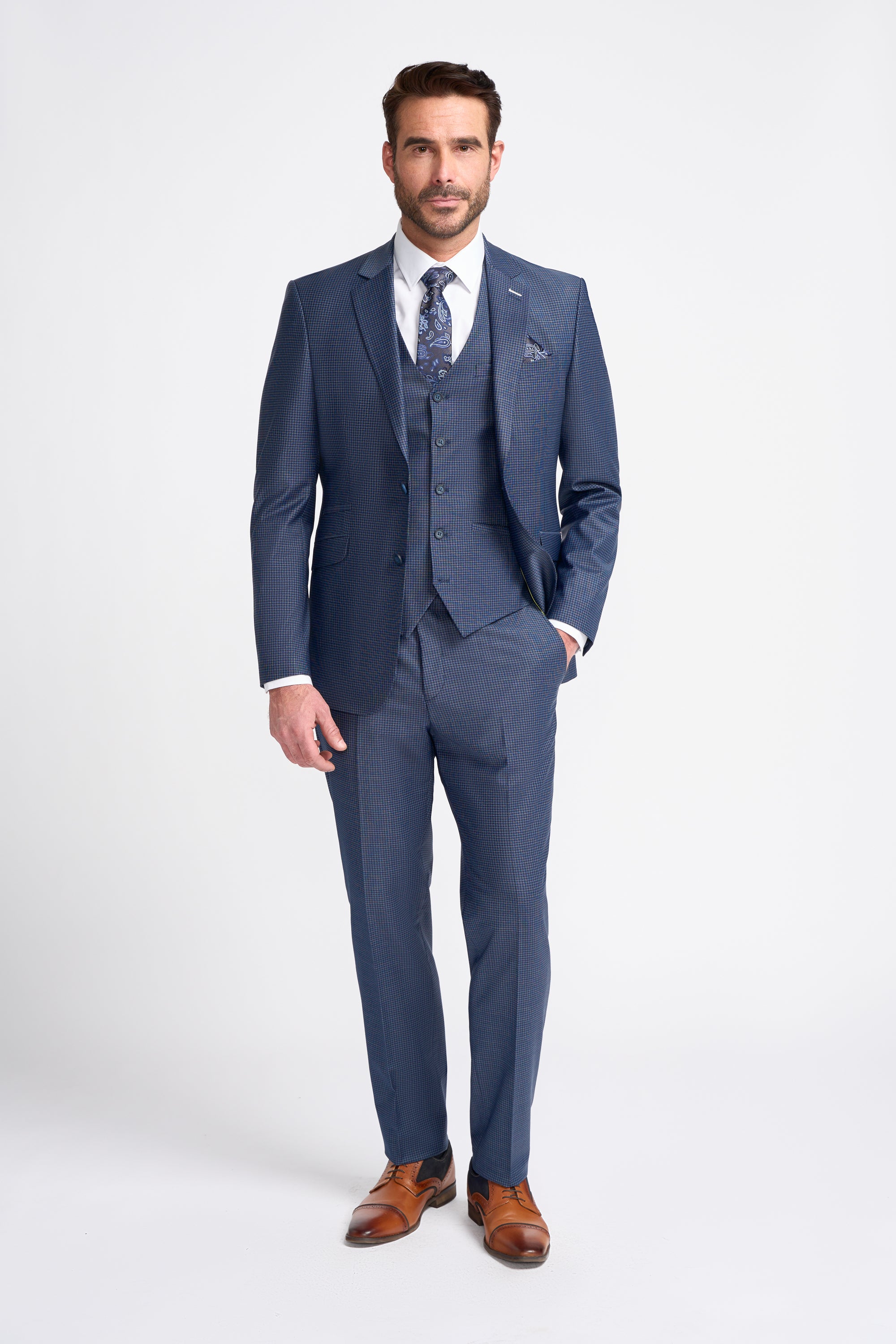 Bond Navy Check Three Piece Suit – House of Cavani