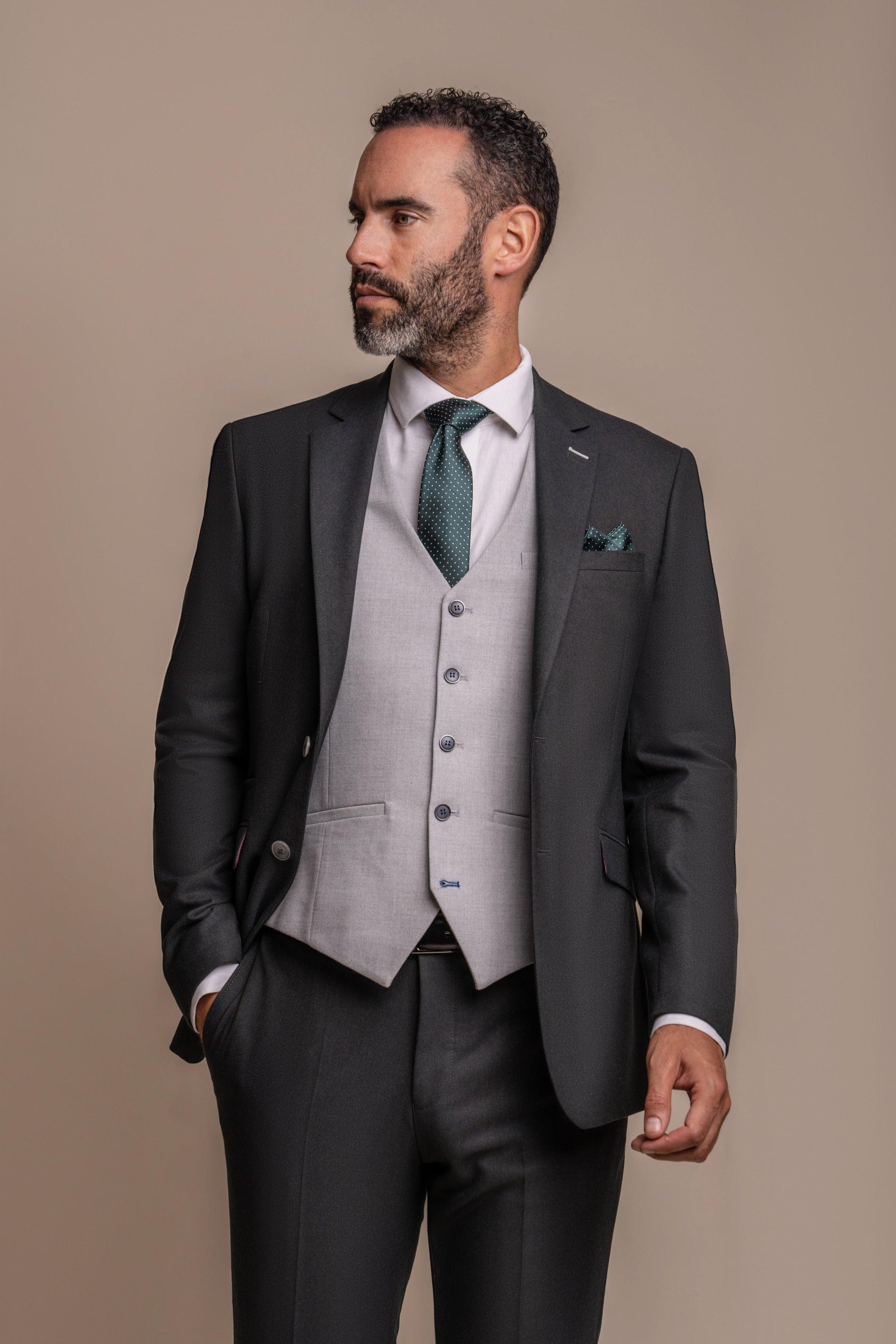 Furious ivory waistcoat with Furious olive three piece suit front
