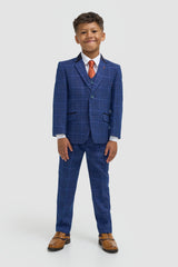 Boys Kaiser Blue Check Three Piece Suit
