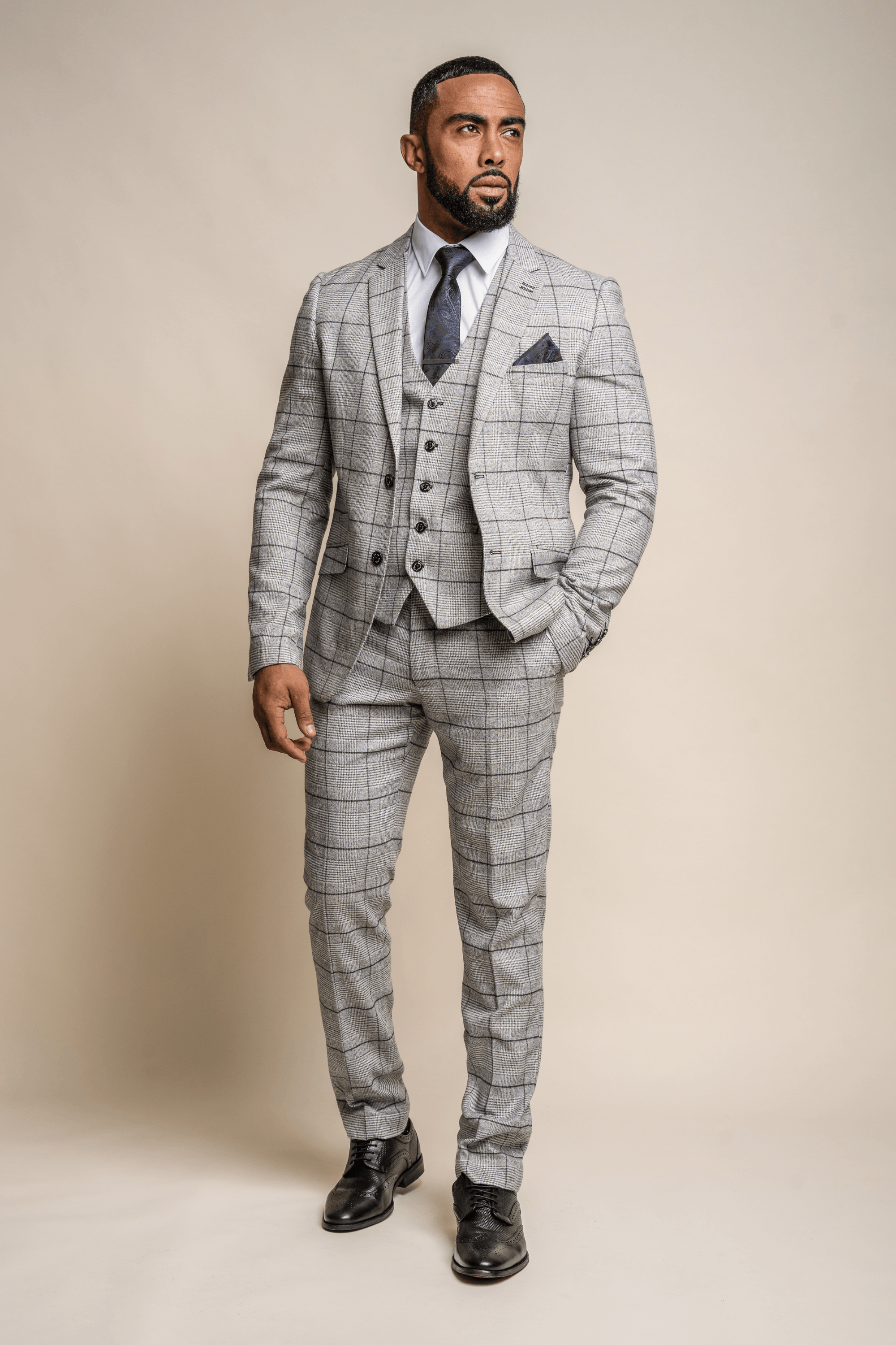 Ghost tweed check three piece suit front