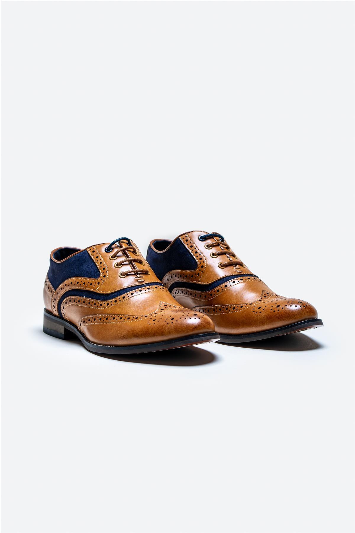 Russel tan/navy shoe front