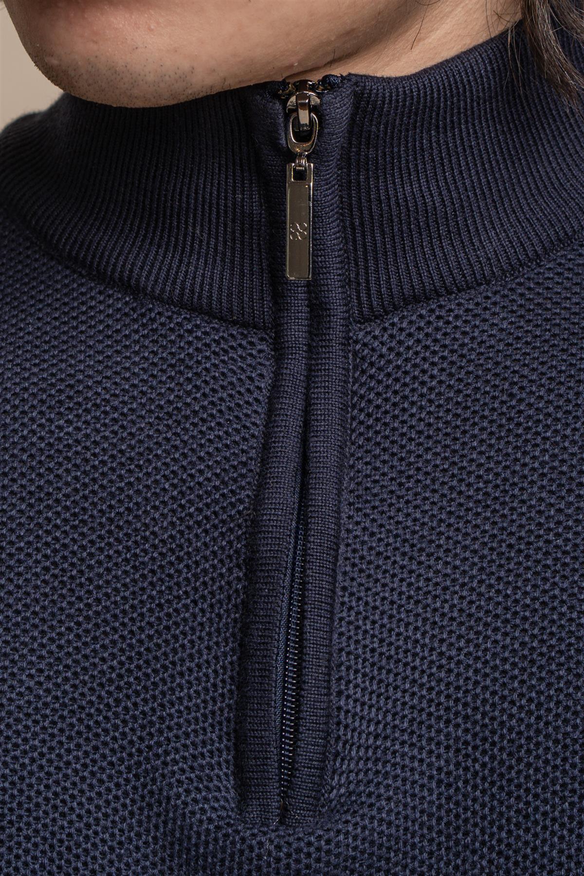 Kyle navy half zip knitwear front detail