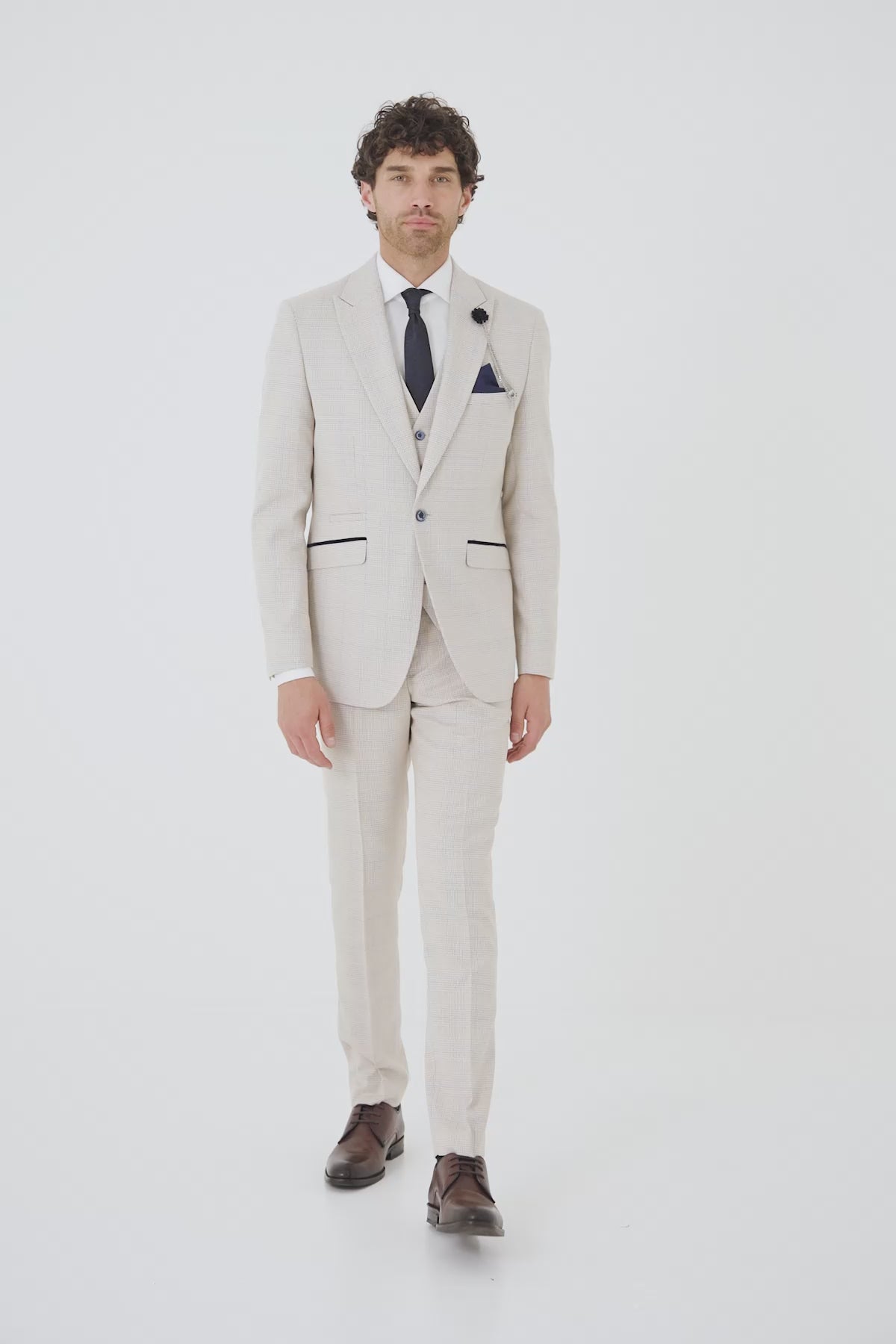 Caridi Beige Regular Check Three Piece Suit