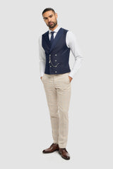 Caridi Beige With Lennox Navy Double Breasted Waistcoat - House of Cavani