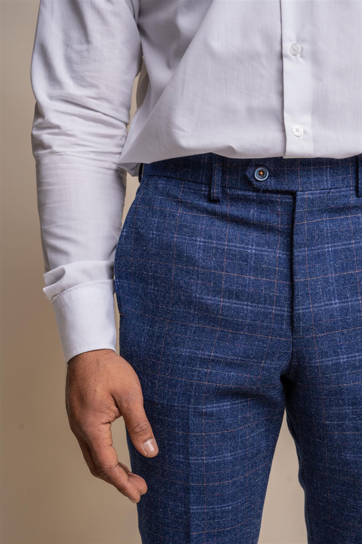 Kaiser blue check trouser front detail