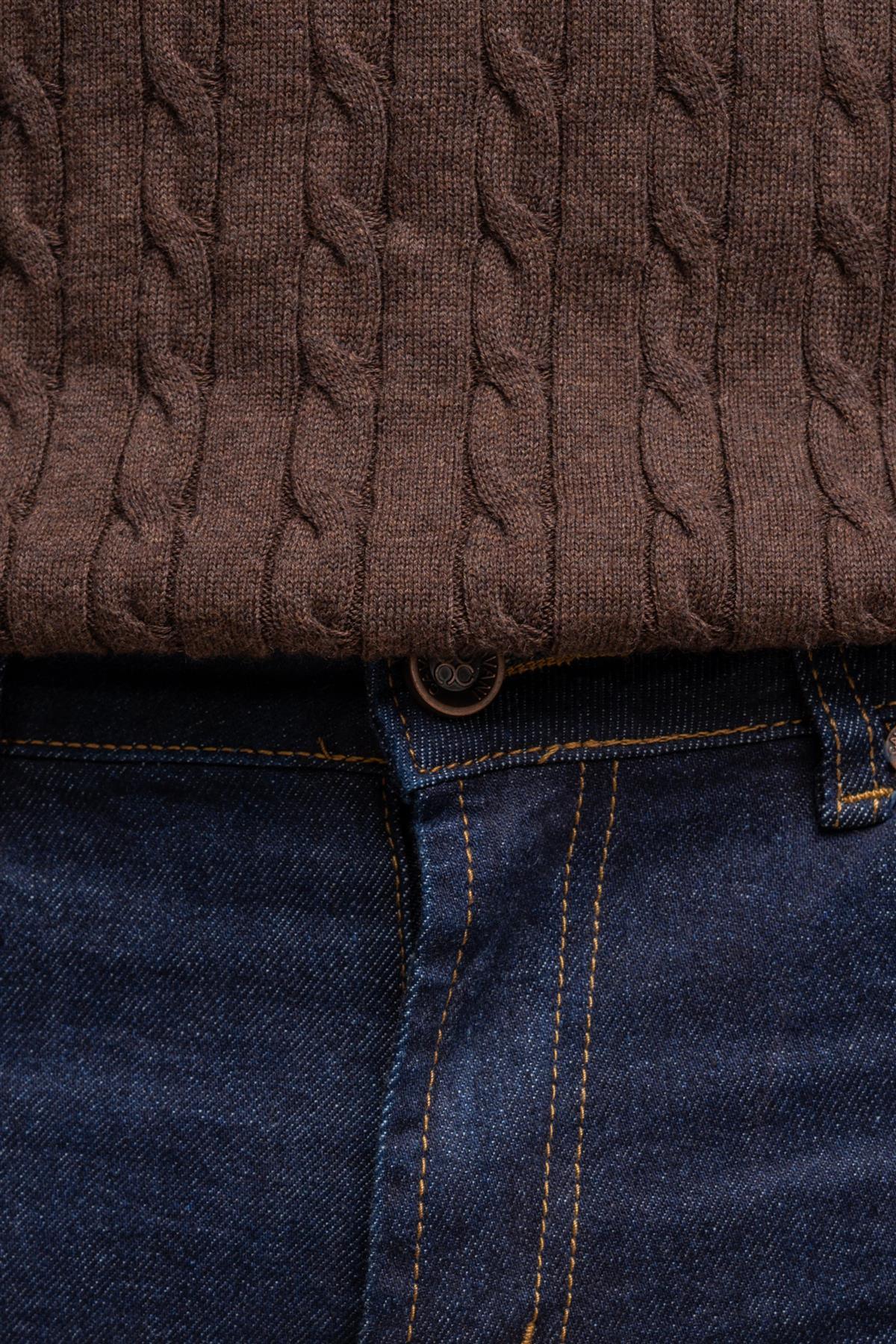 Milano denim-blue stretch denim jean front detail