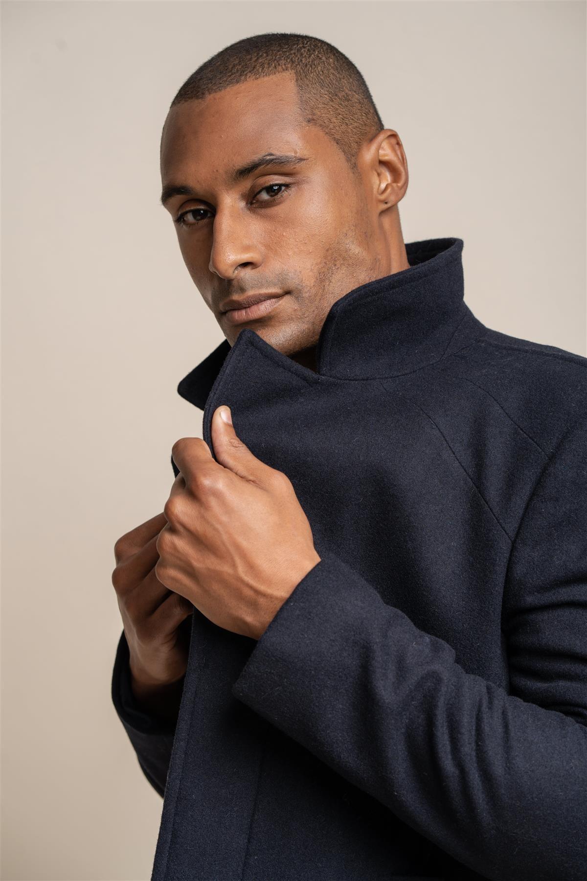 Nelson navy long coat front detail